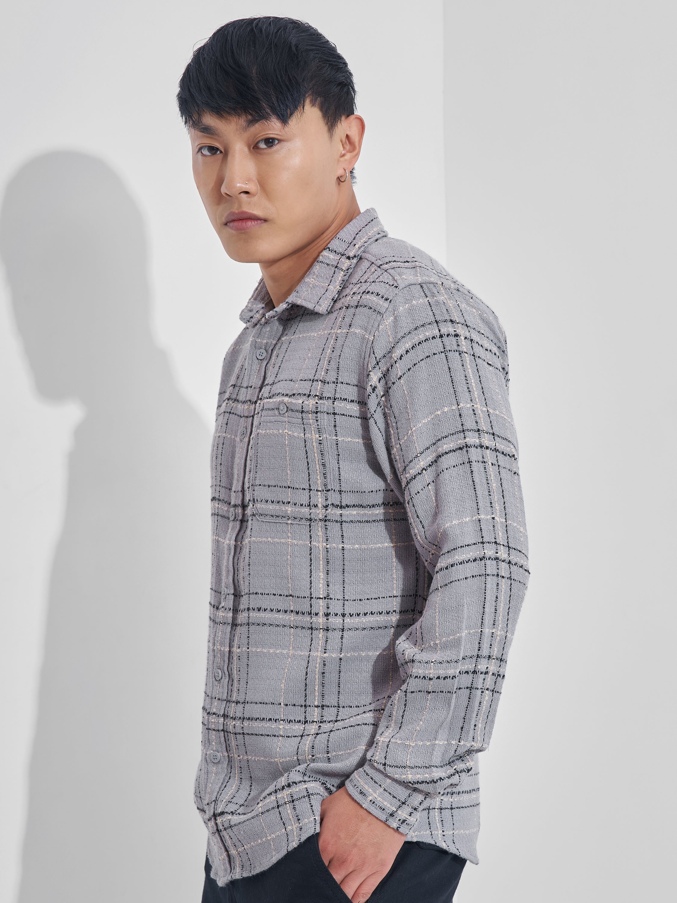 Highlander Men Grey Checked Relaxed Fit Casual Shirt - Grey - Image 4
