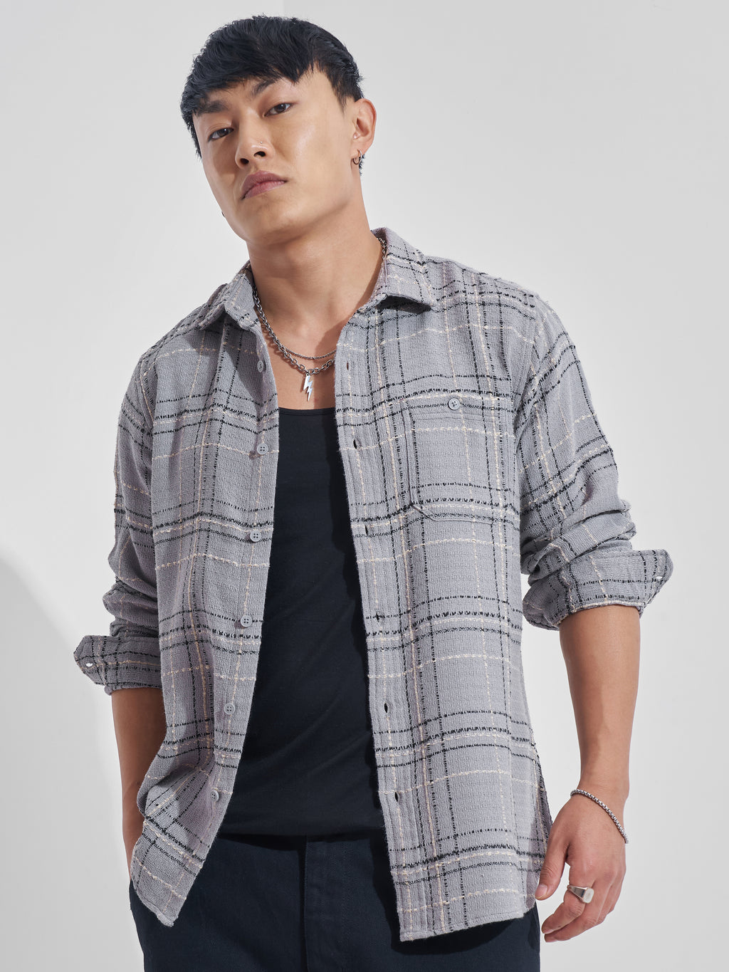Highlander Men Grey Checked Relaxed Fit Casual Shirt - Grey - Image 6
