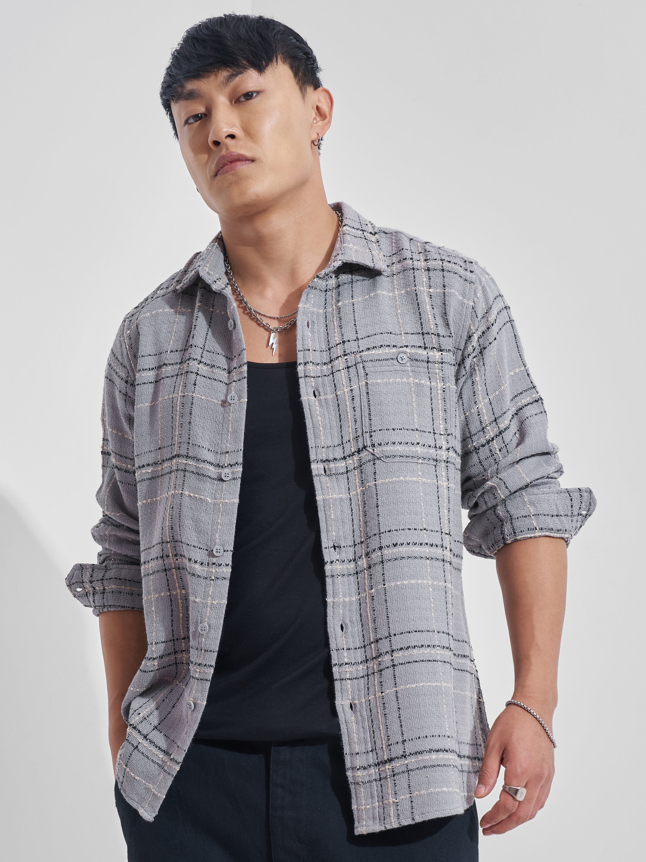 Highlander Men Grey Checked Relaxed Fit Casual Shirt - Grey - Image 6
