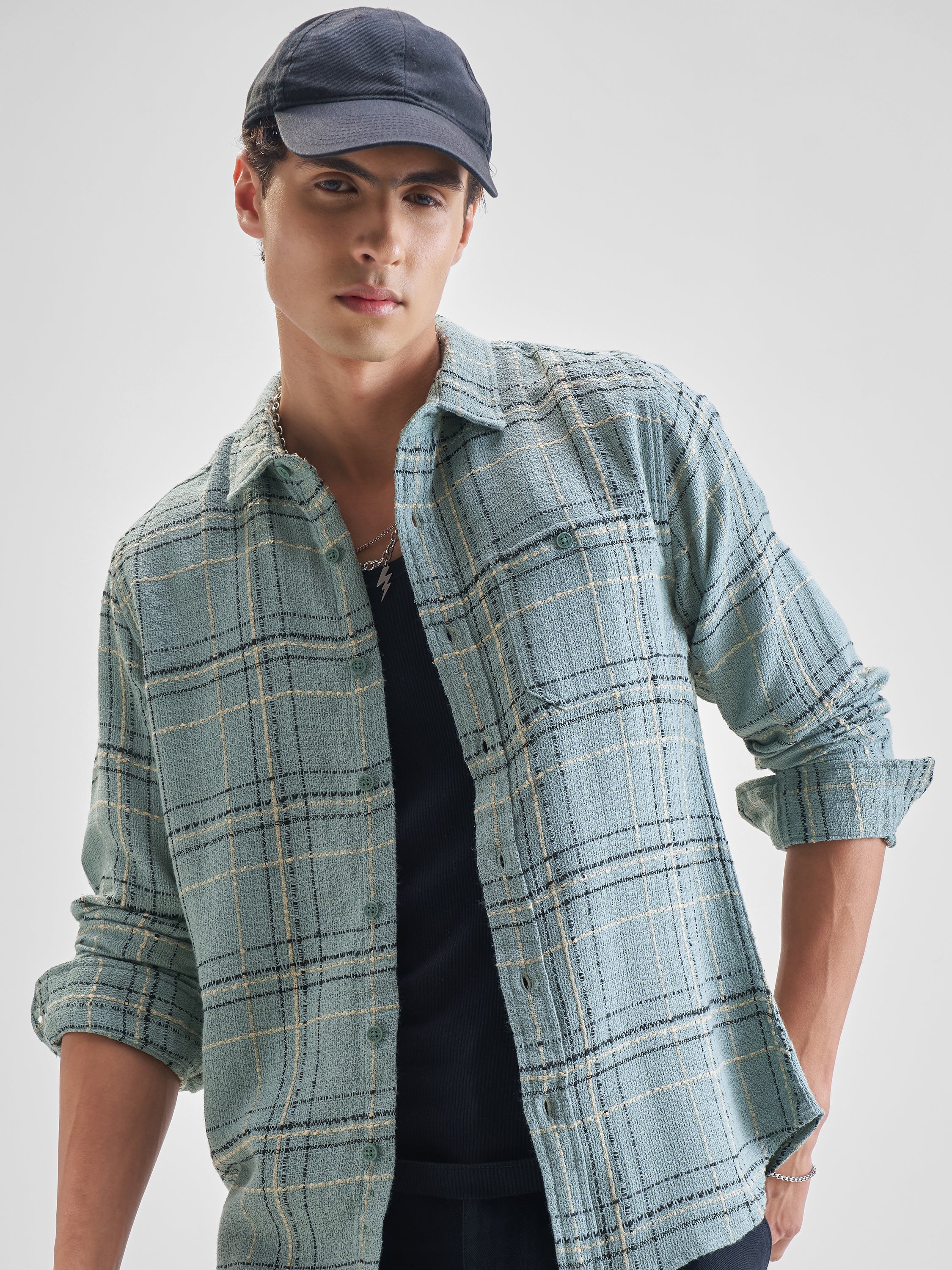 Highlander Men Green Checked Slim Fit Casual Shirt - Green - Image 1