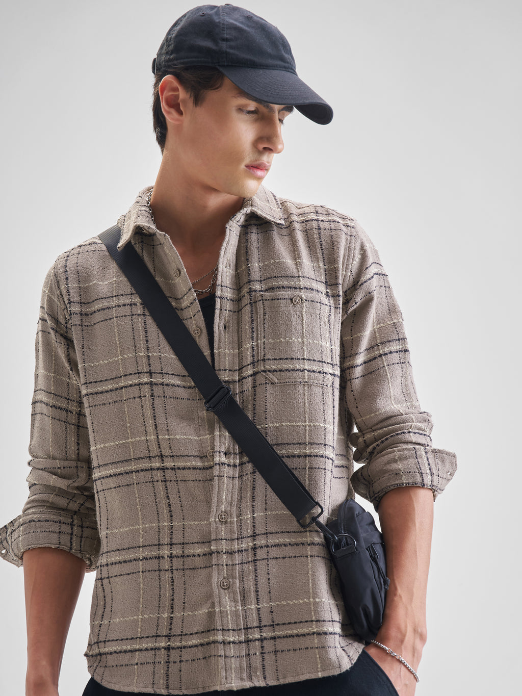 Highlander Men Beige Checked Slim Fit Casual Shirt - Beige - Image 1