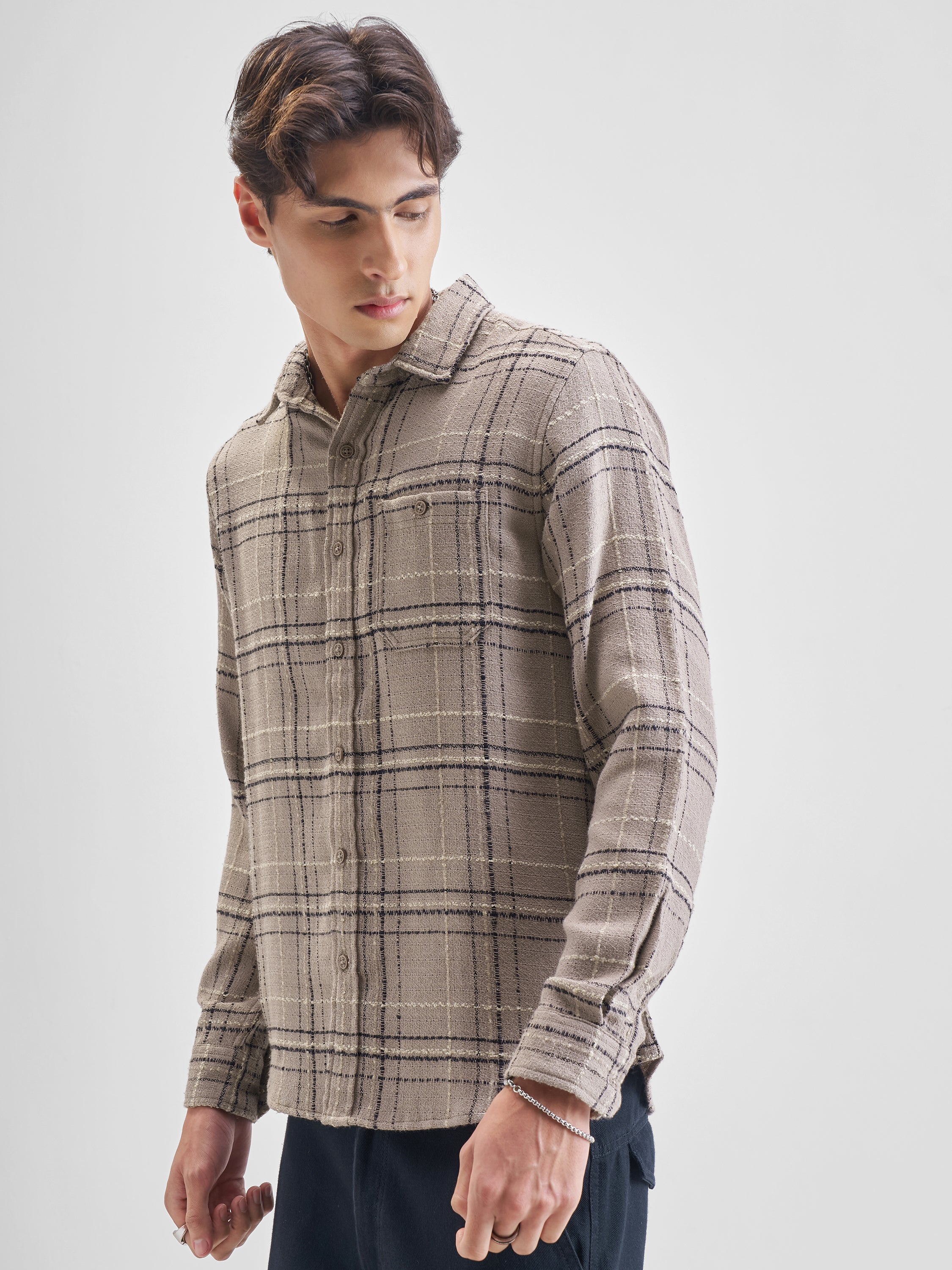 Highlander Men Beige Checked Slim Fit Casual Shirt - Beige - Image 4