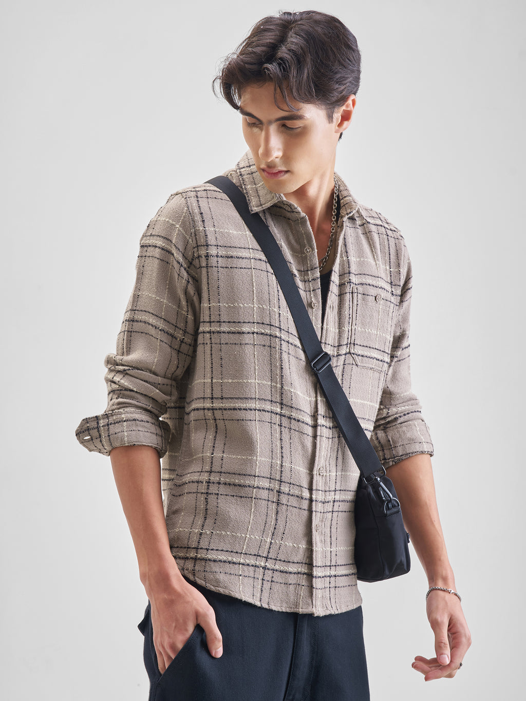 Highlander Men Beige Checked Slim Fit Casual Shirt - Beige - Image 6