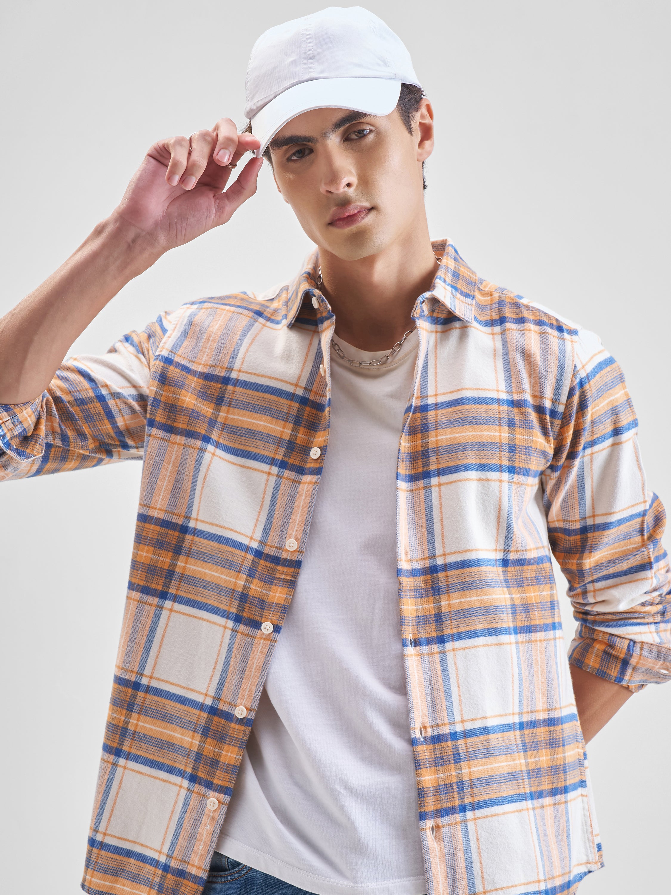 Highlander Men Cream Checked Slim Fit Casual Shirt - Cream - Image 1