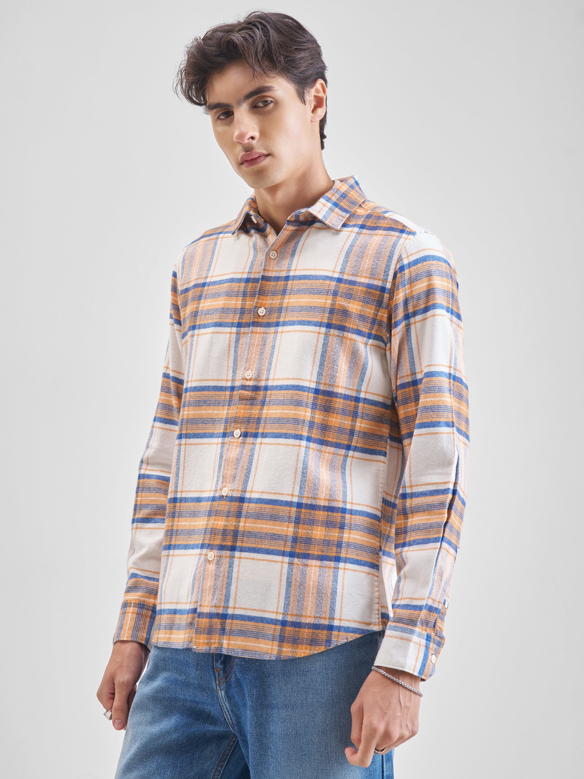 Highlander Men Cream Checked Slim Fit Casual Shirt - Cream - Image 4