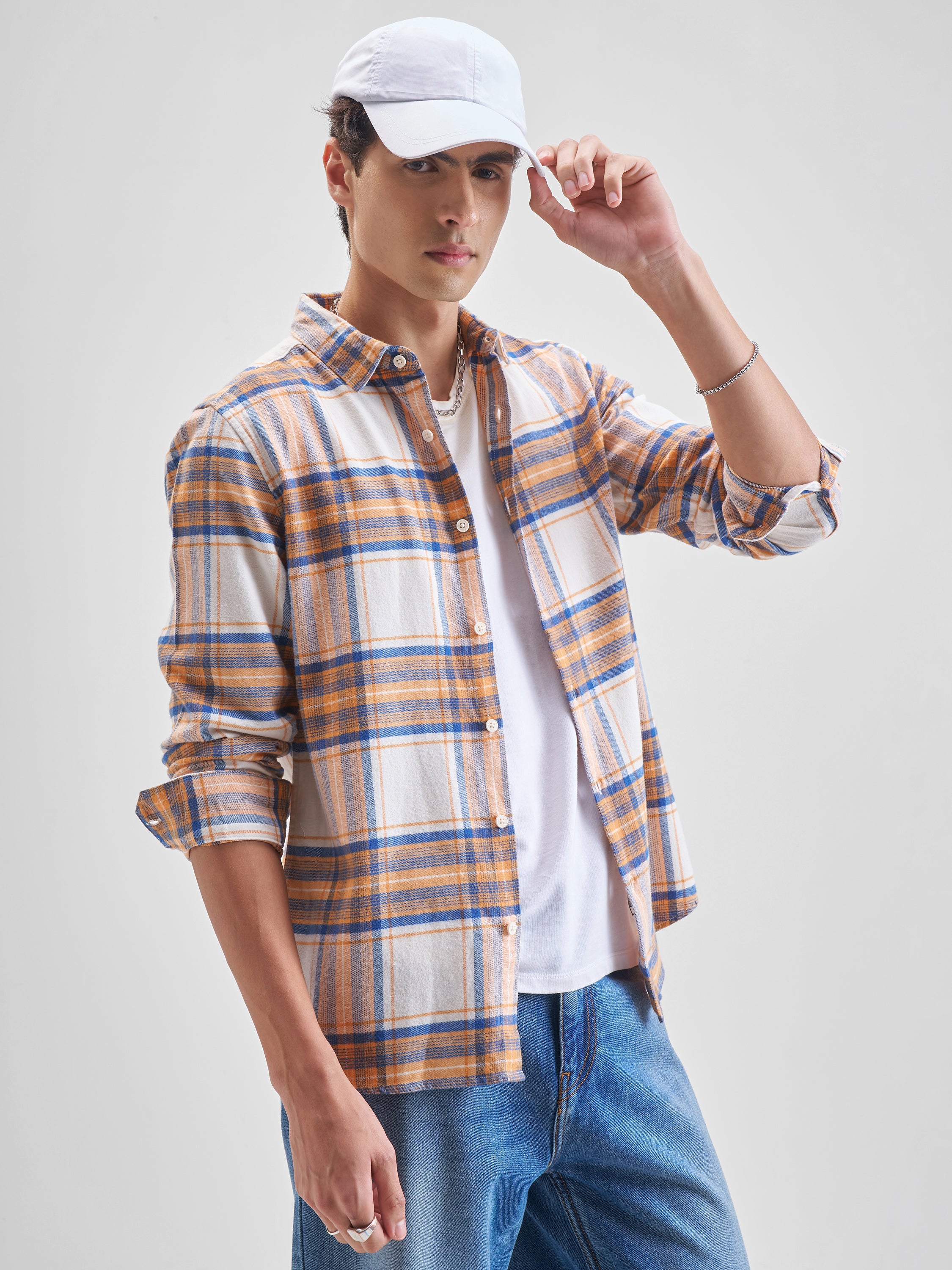 Highlander Men Cream Checked Slim Fit Casual Shirt - Cream - Image 6