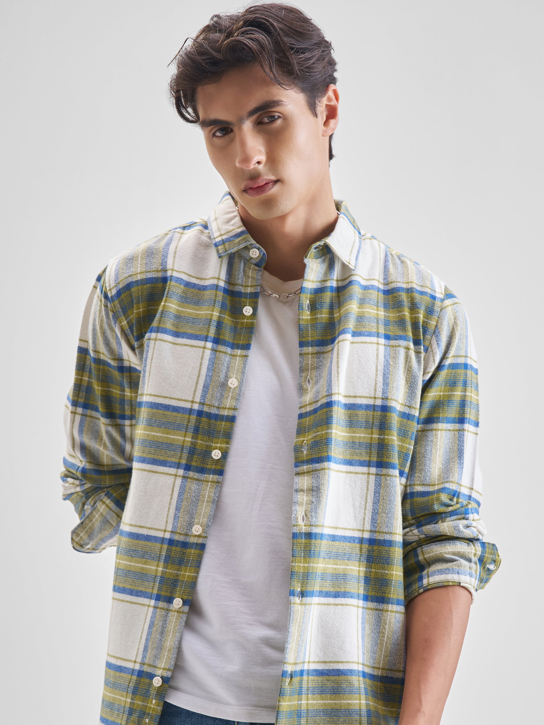 Highlander Men Cream Checked Slim Fit Casual Shirt - Cream - Image 1