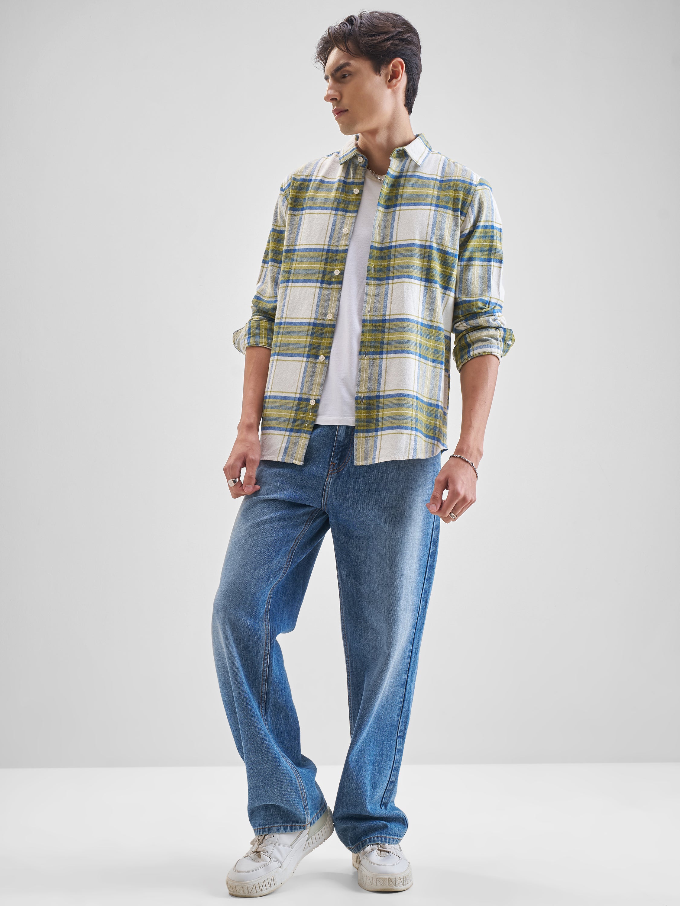 Highlander Men Cream Checked Slim Fit Casual Shirt - Cream - Image 2