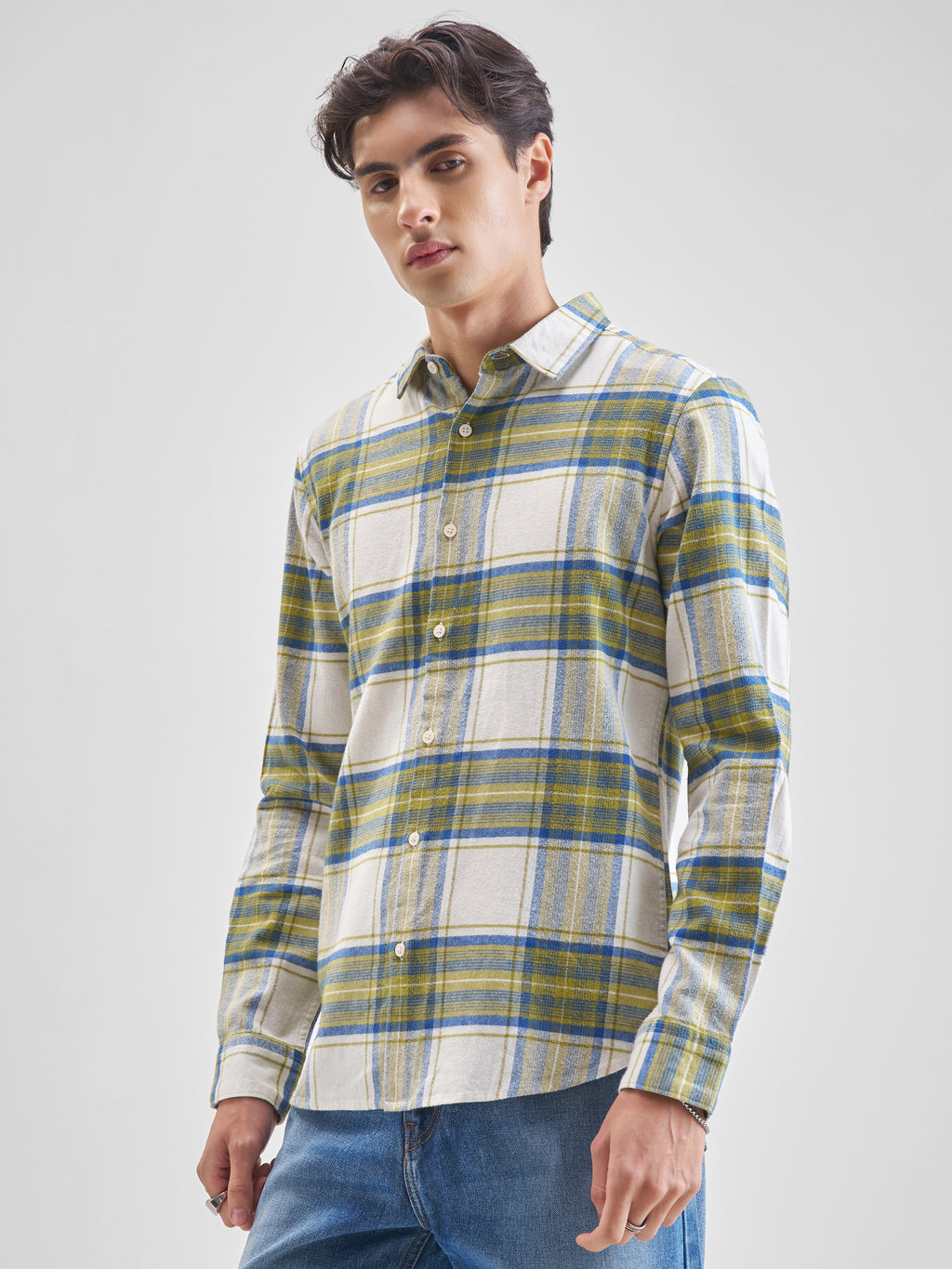 Highlander Men Cream Checked Slim Fit Casual Shirt - Cream - Image 4
