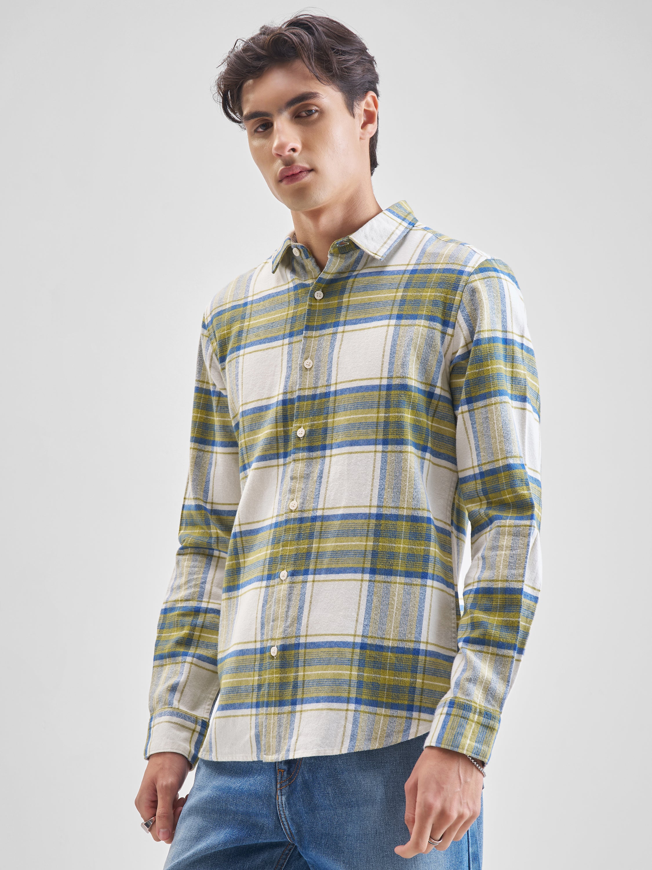Highlander Men Cream Checked Slim Fit Casual Shirt - Cream - Image 4