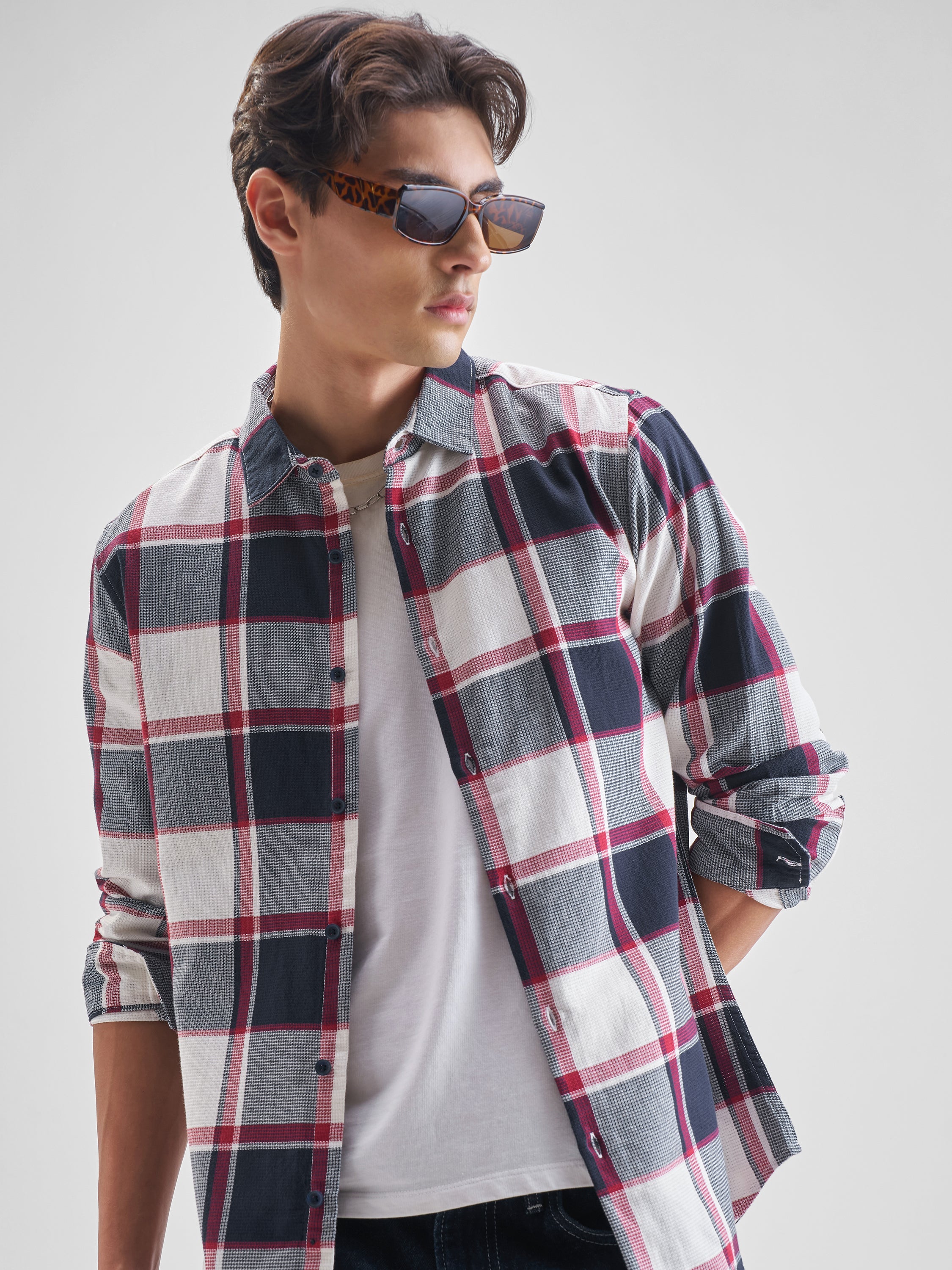 Highlander Men Cream Checked Slim Fit Casual Shirt - Cream - Image 1