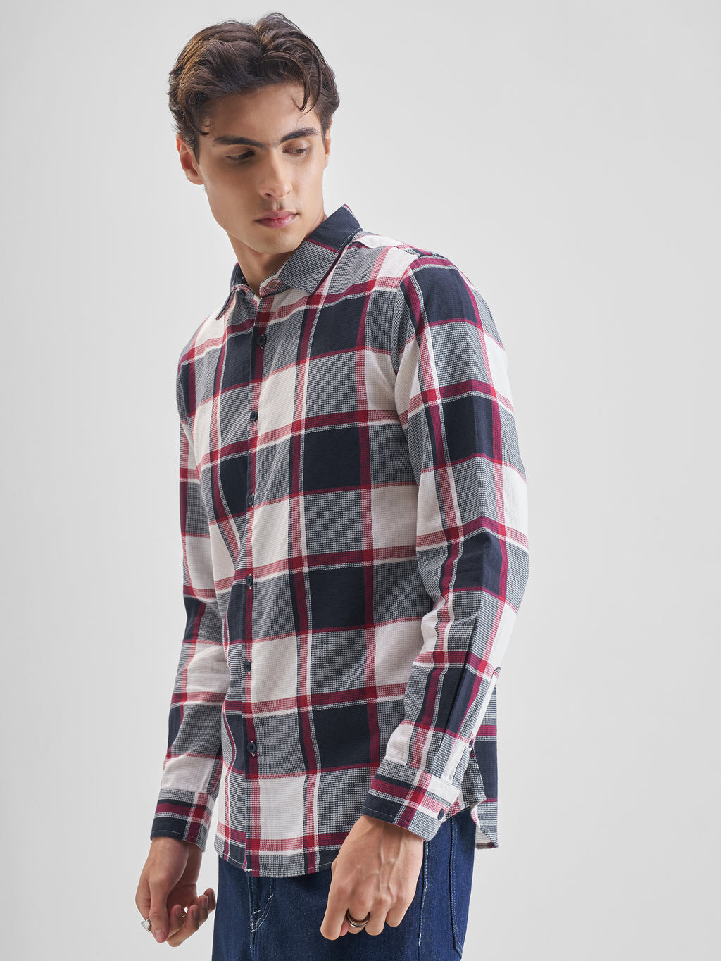 Highlander Men Cream Checked Slim Fit Casual Shirt - Cream - Image 4