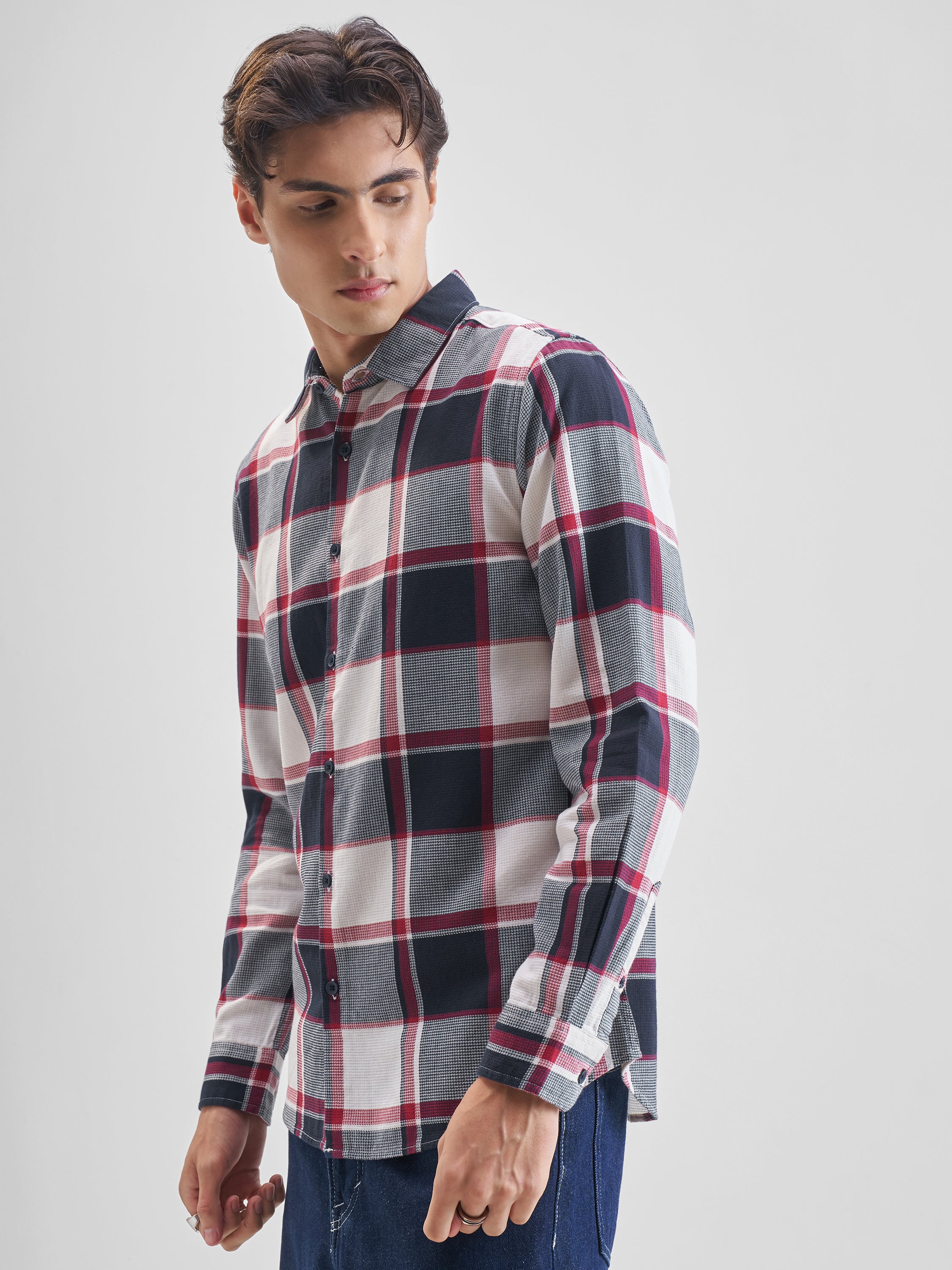 Highlander Men Cream Checked Slim Fit Casual Shirt - Cream - Image 4