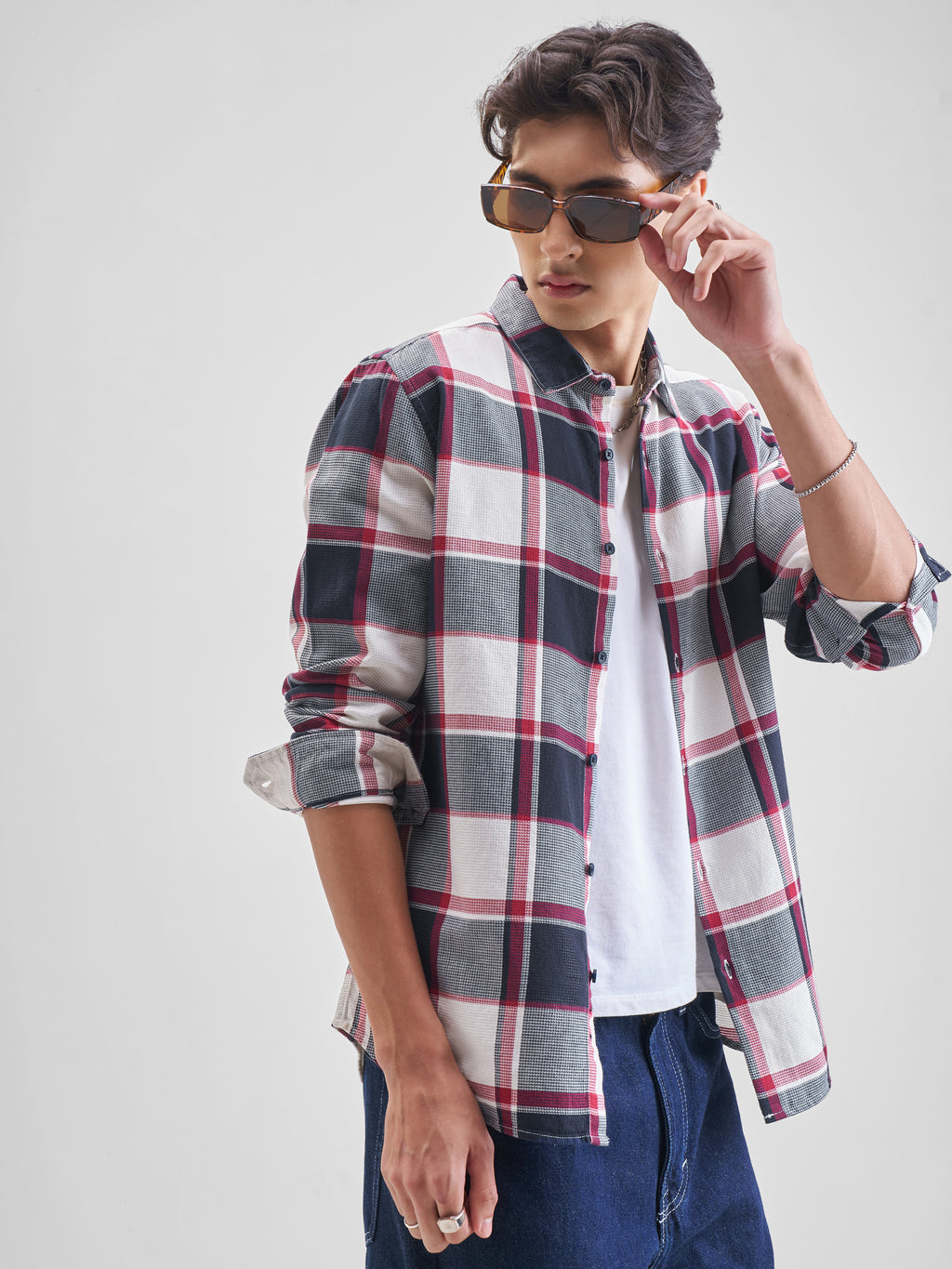 Highlander Men Cream Checked Slim Fit Casual Shirt - Cream - Image 6