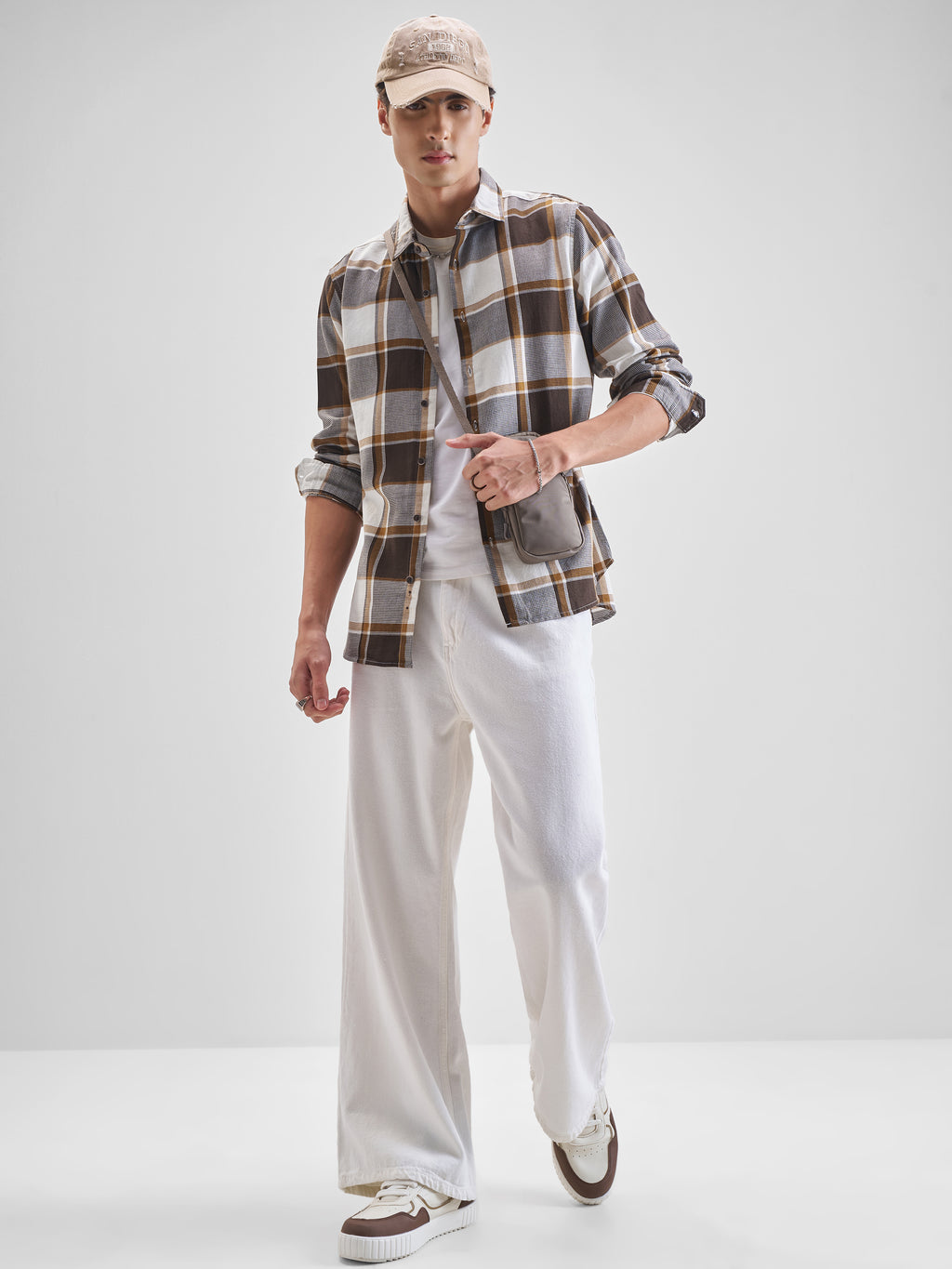 Highlander Men Cream Checked Slim Fit Casual Shirt - Cream - Image 2