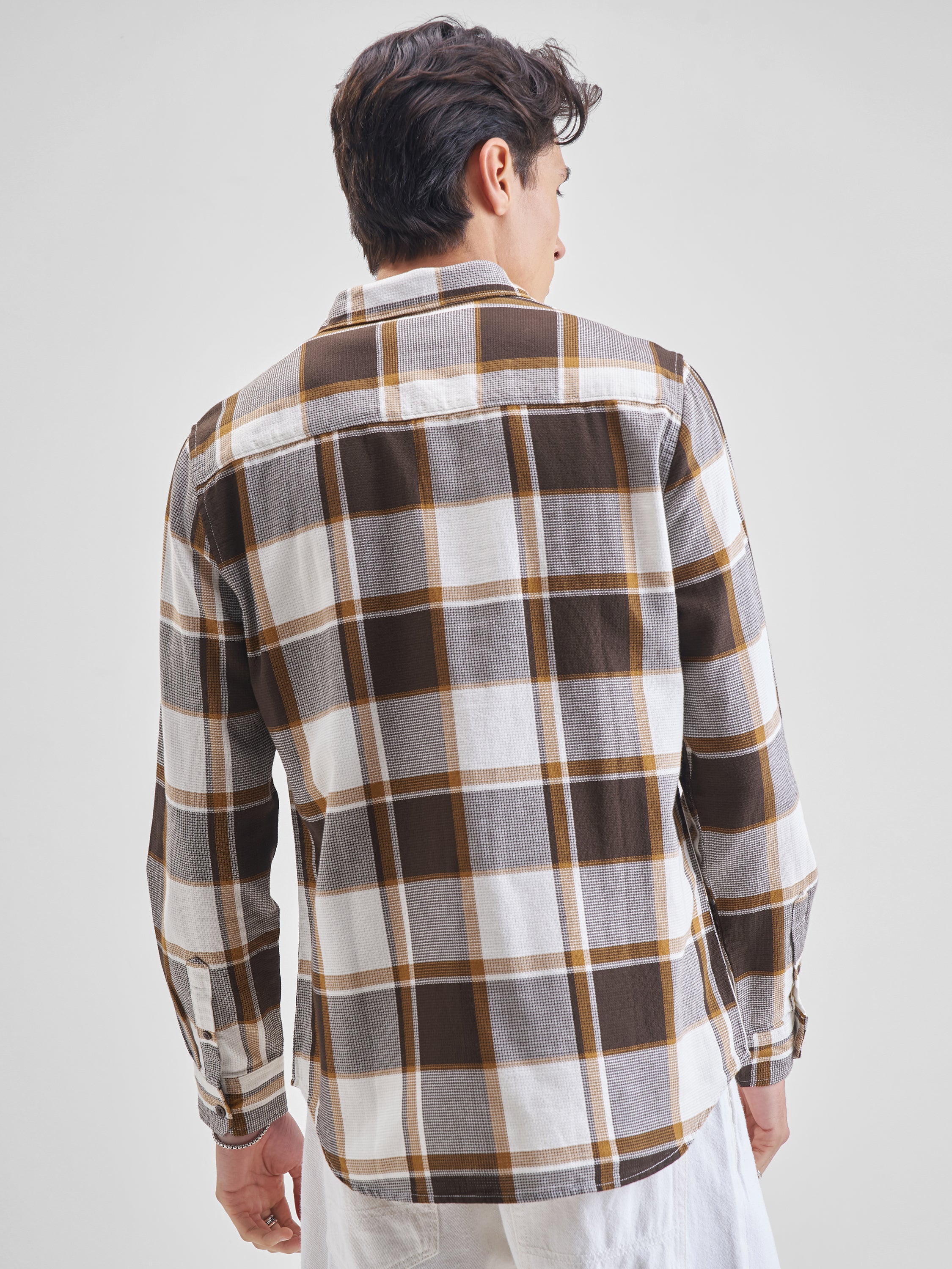 Highlander Men Cream Checked Slim Fit Casual Shirt - Cream - Image 3