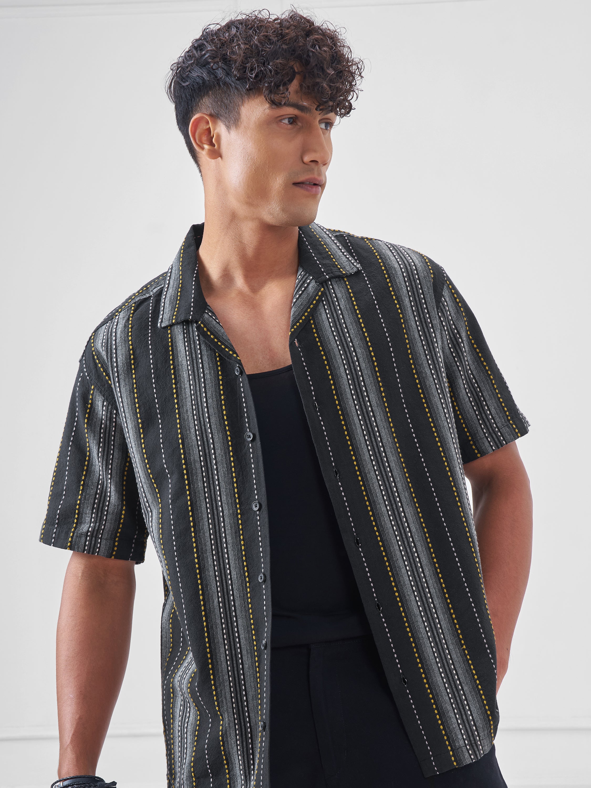 Highlander Men Black Striped Relaxed Fit Casual Shirt - Black - Image 1