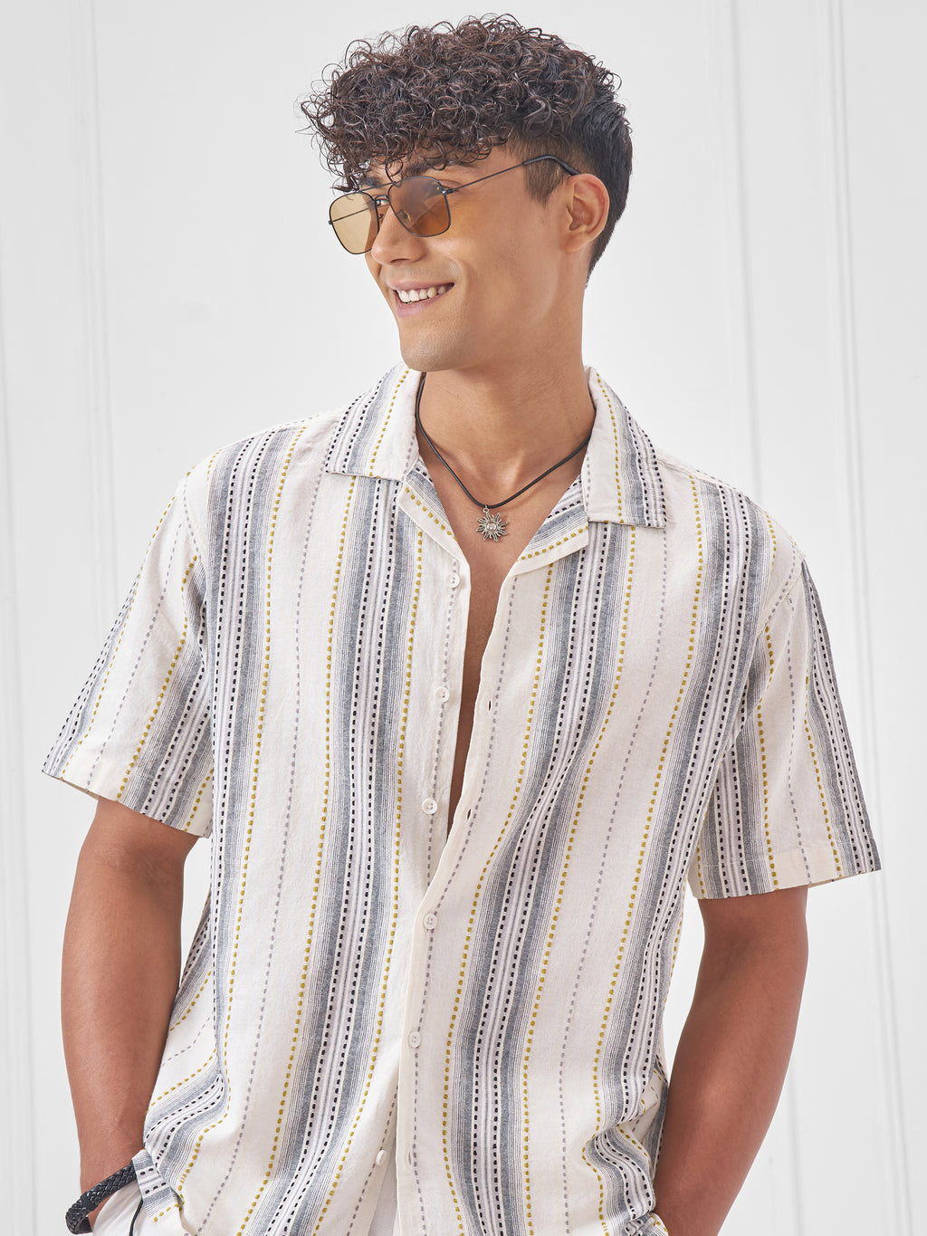 Highlander Men Cream Striped Relaxed Fit Casual Shirt - Cream - Image 1