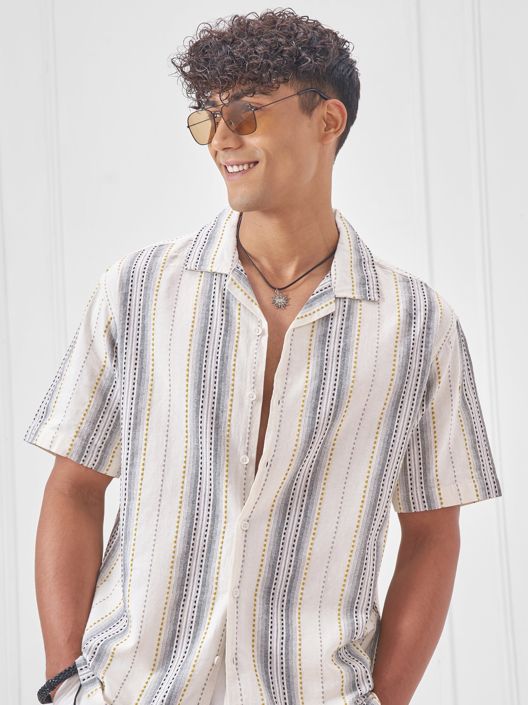 Highlander Men Cream Striped Relaxed Fit Casual Shirt - Cream - Image 1