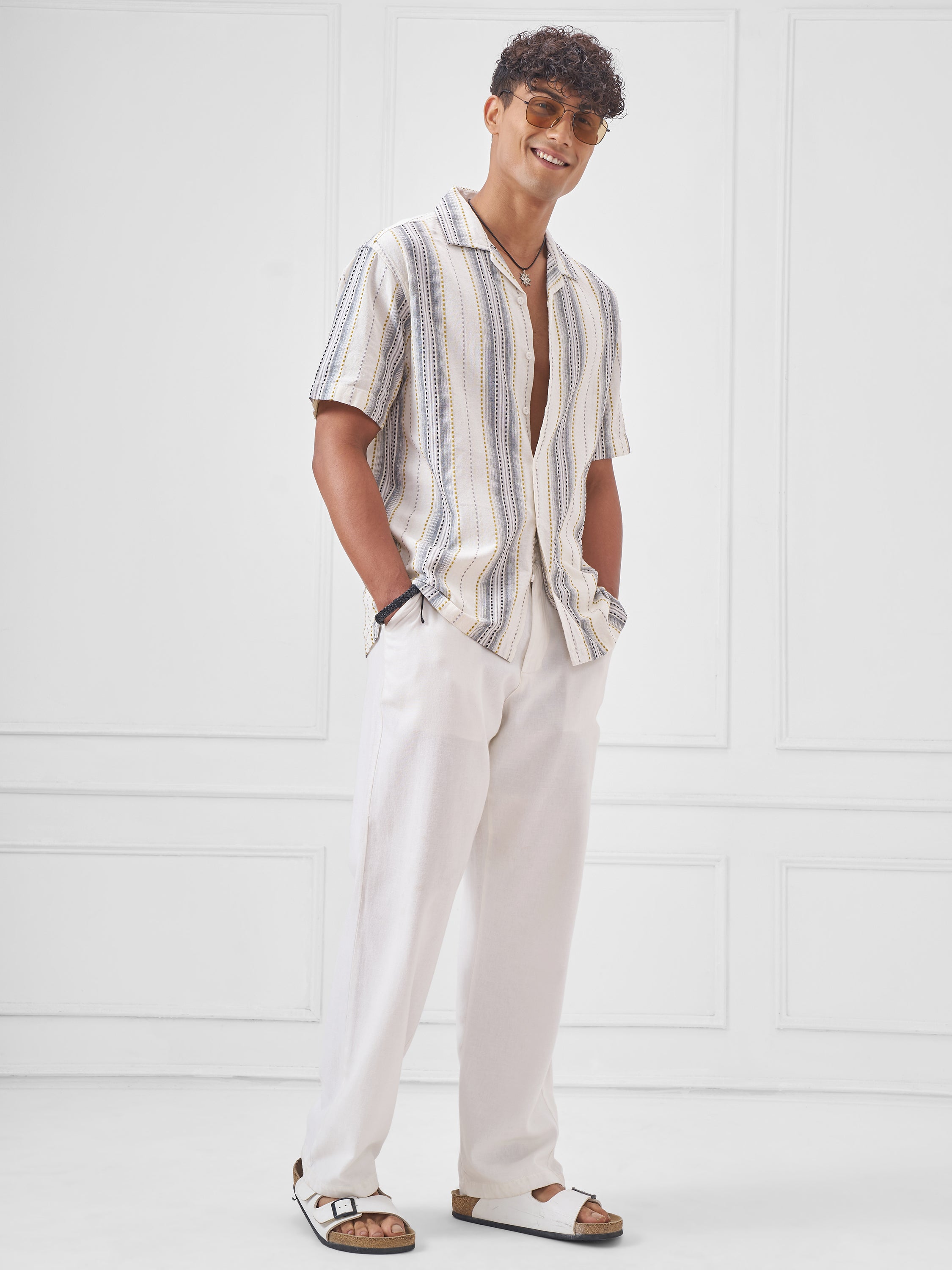 Highlander Men Cream Striped Relaxed Fit Casual Shirt - Cream - Image 2