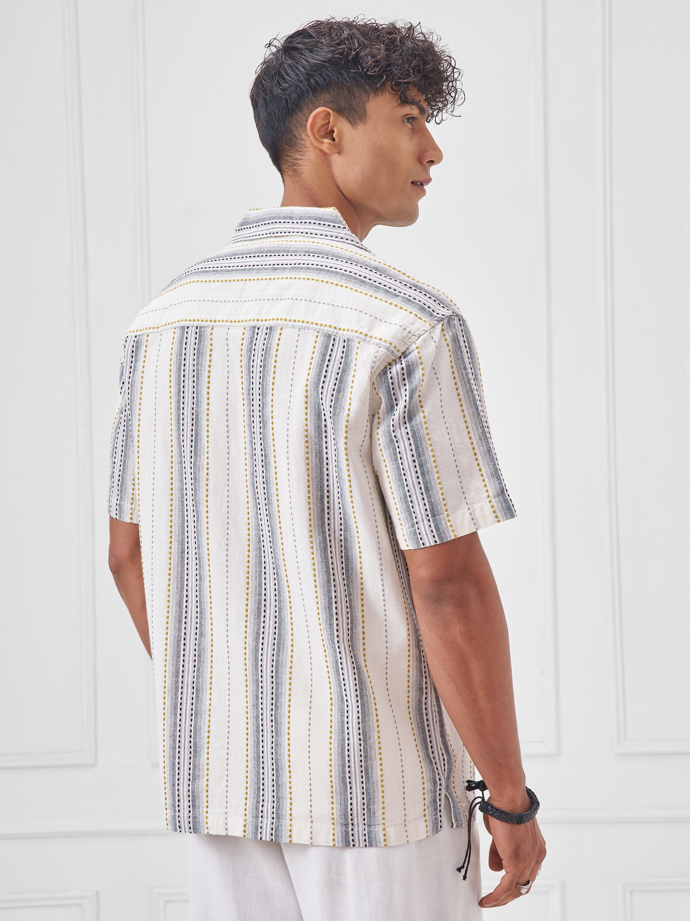 Highlander Men Cream Striped Relaxed Fit Casual Shirt - Cream - Image 3