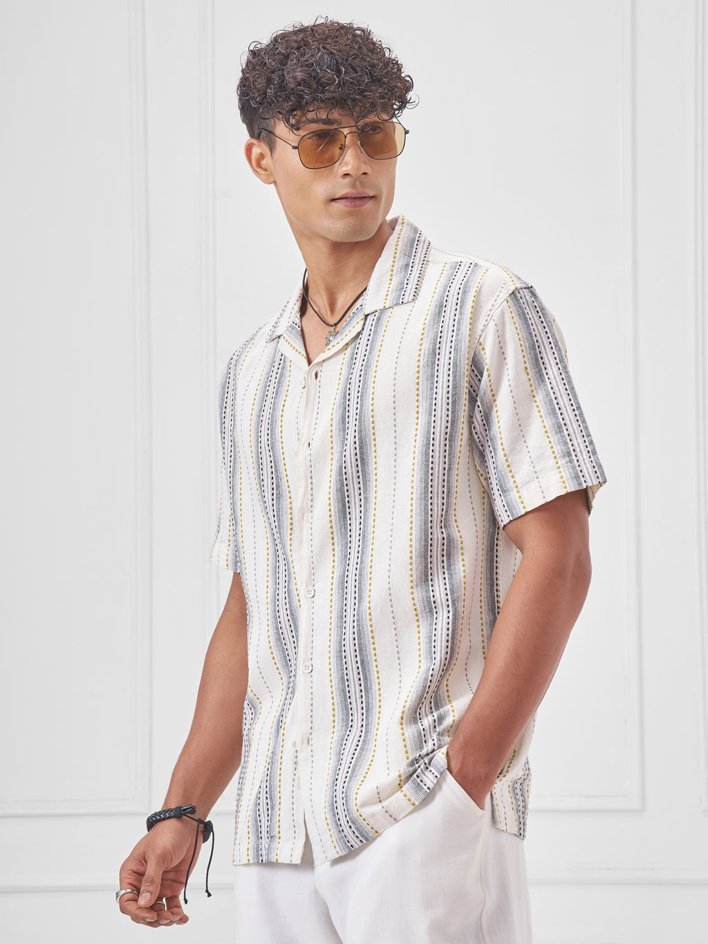 Highlander Men Cream Striped Relaxed Fit Casual Shirt - Cream - Image 4