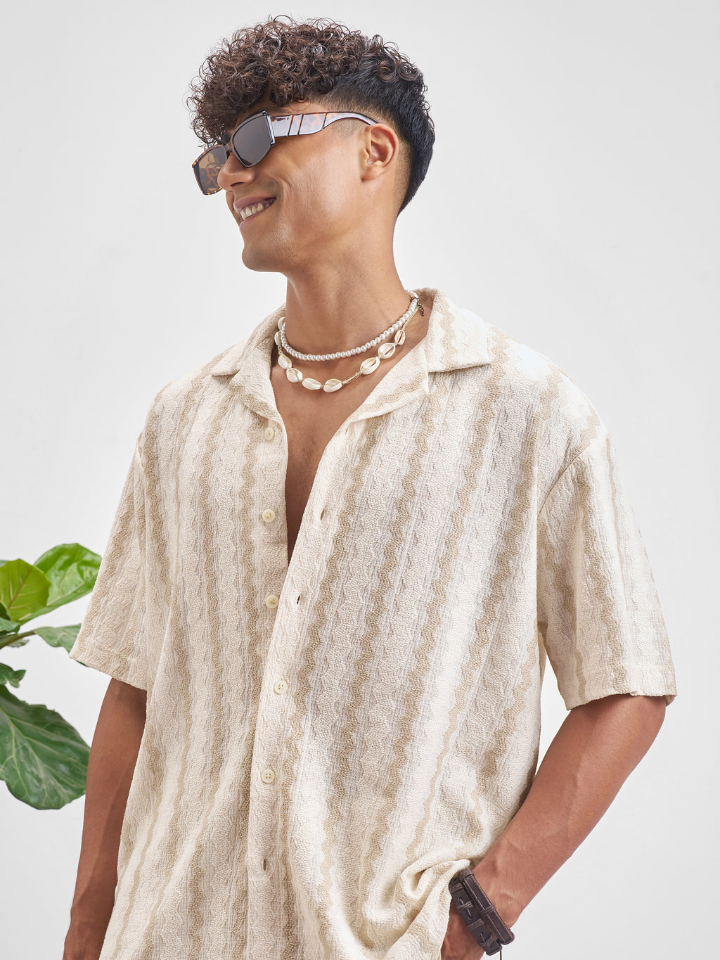 Highlander Men Cream Self Design Relaxed Fit Casual Shirt - Cream - Image 1