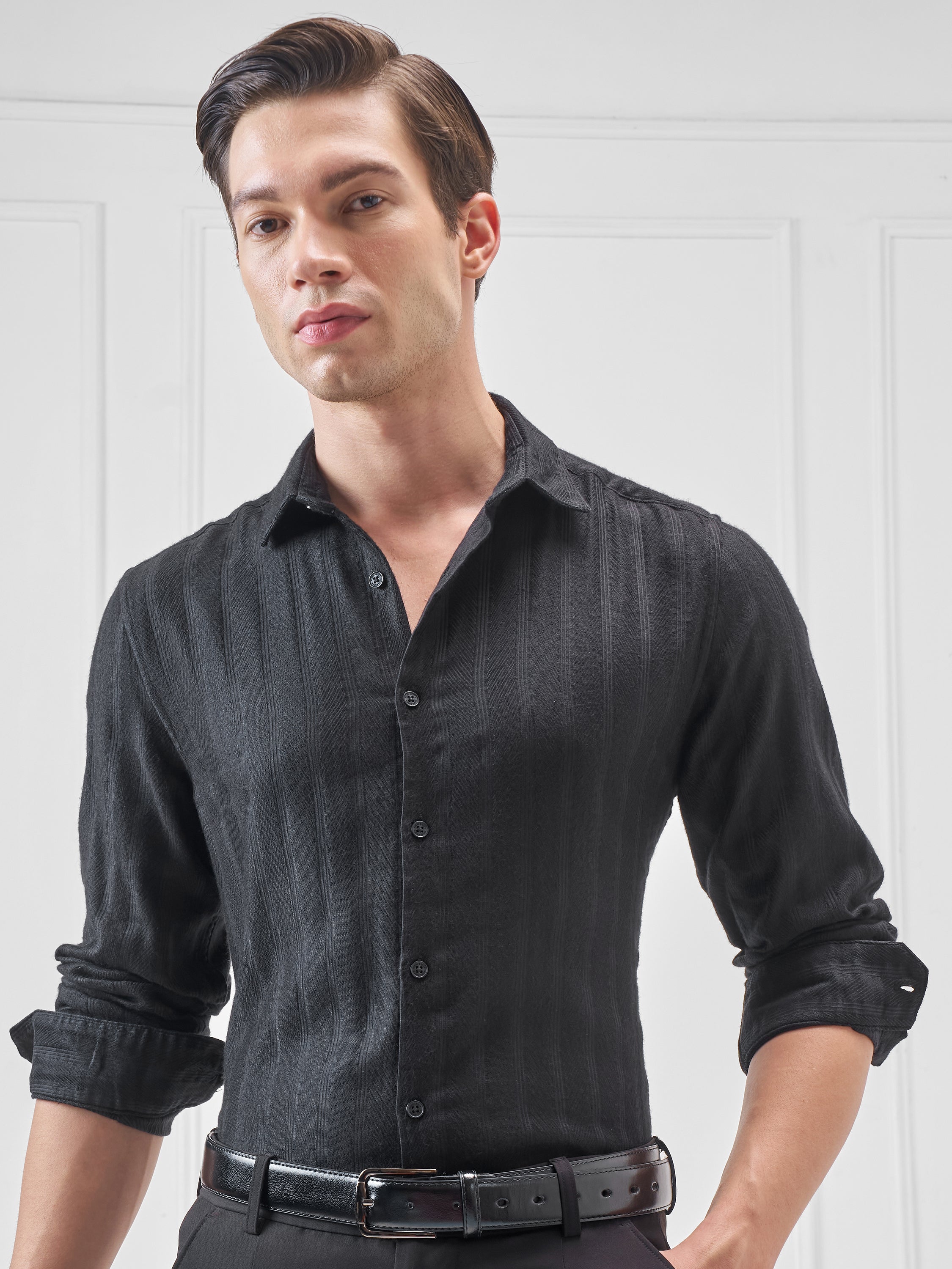 Highlander Men Black Self Design Slim Fit Casual Shirt - Black - Image 1
