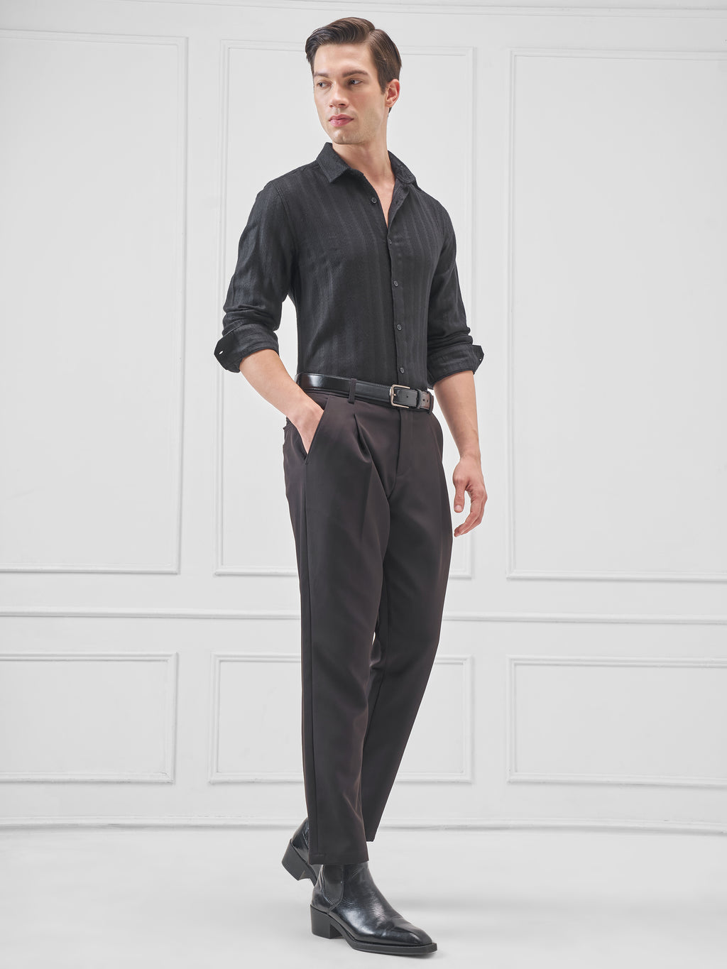 Highlander Men Black Self Design Slim Fit Casual Shirt - Black - Image 2