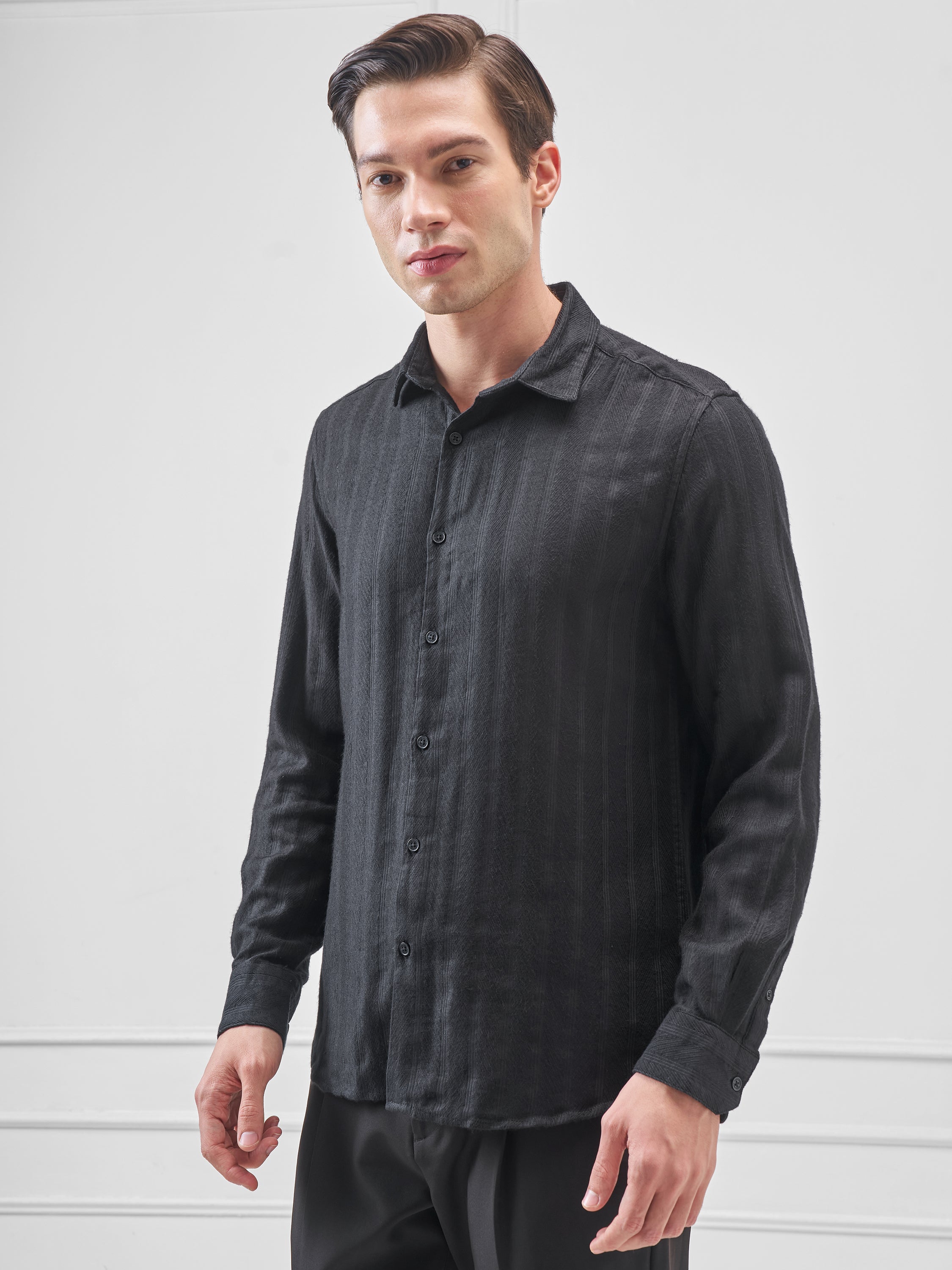 Highlander Men Black Self Design Slim Fit Casual Shirt - Black - Image 4