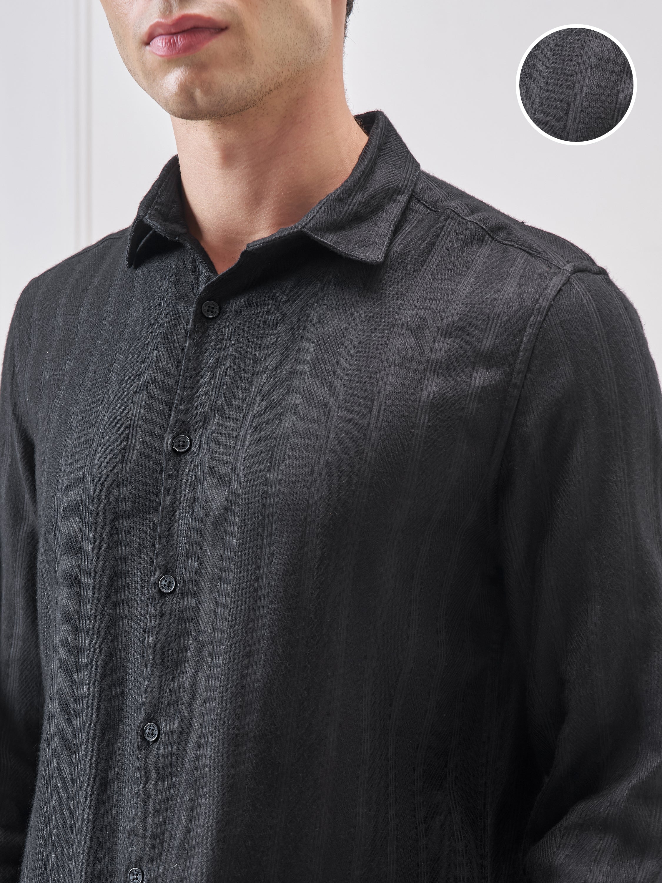 Highlander Men Black Self Design Slim Fit Casual Shirt - Black - Image 5