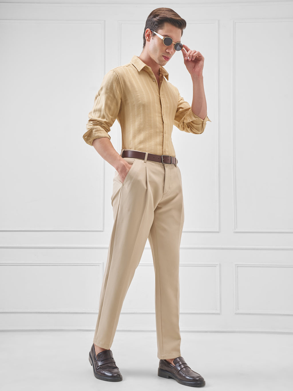 Highlander Men Beige Self Design Slim Fit Casual Shirt - Beige - Image 2
