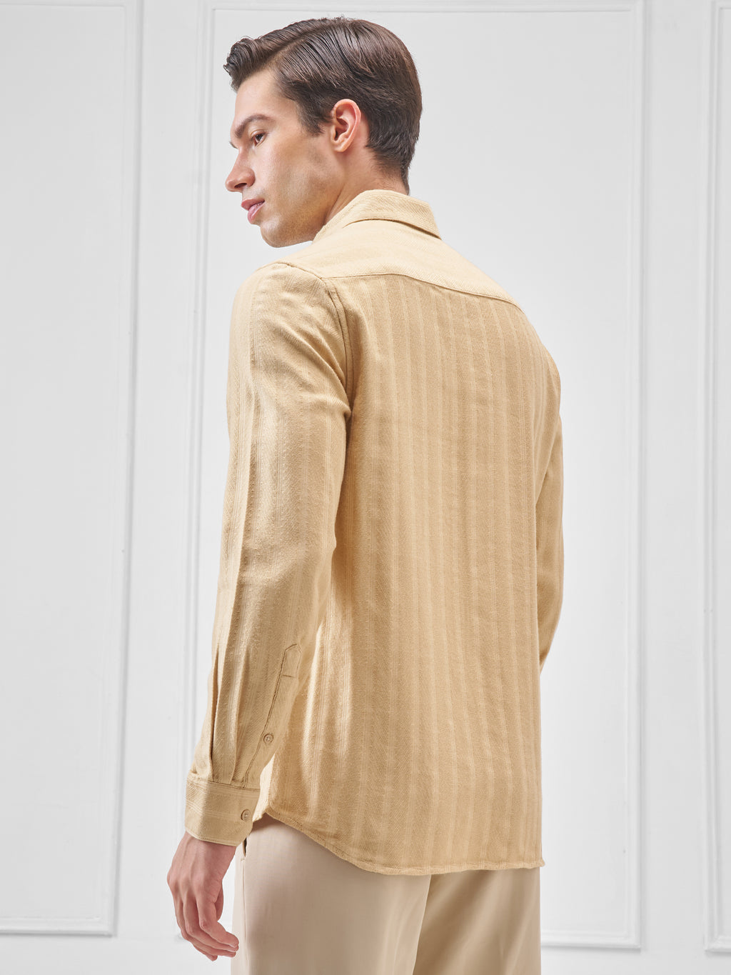 Highlander Men Beige Self Design Slim Fit Casual Shirt - Beige - Image 3