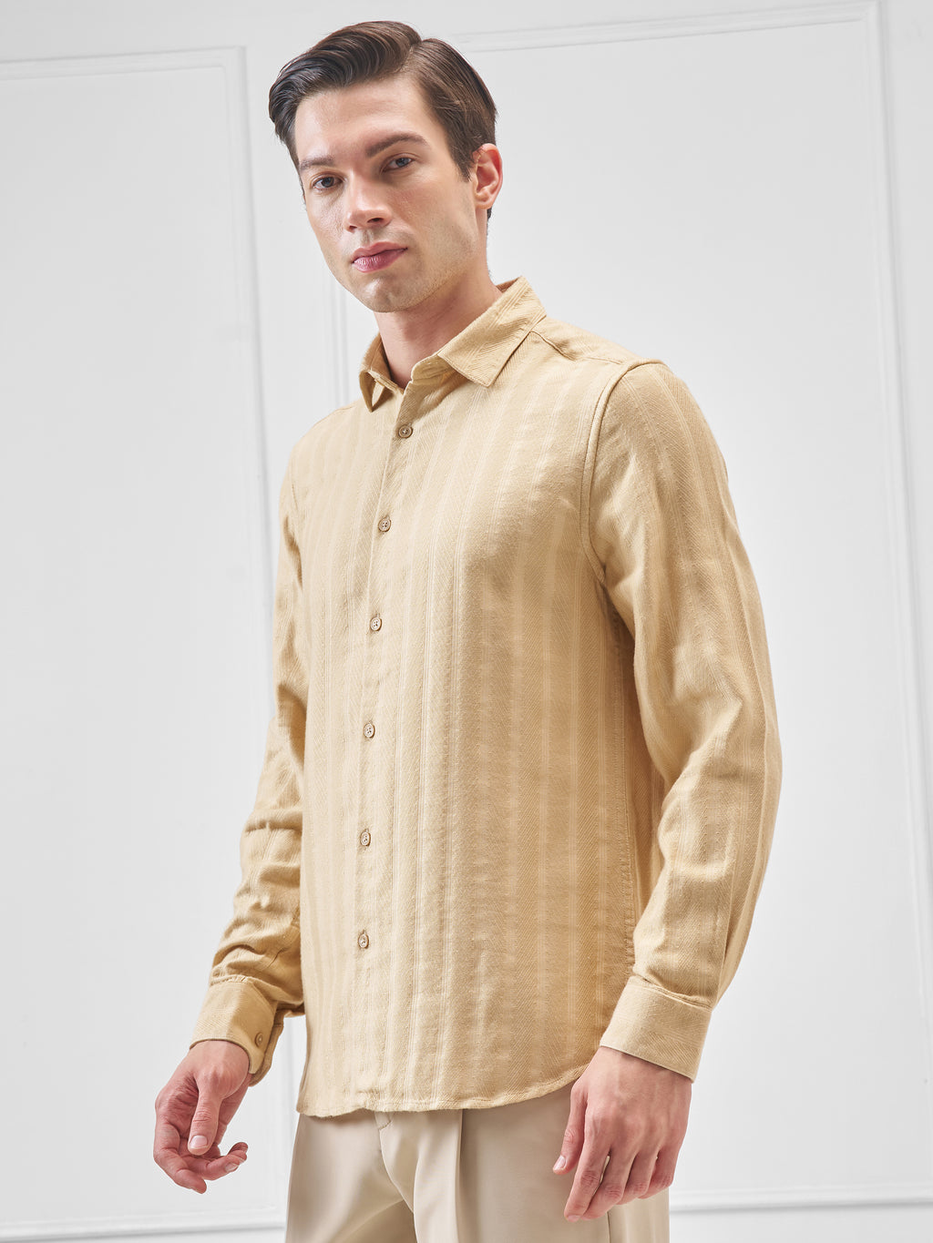 Highlander Men Beige Self Design Slim Fit Casual Shirt - Beige - Image 4