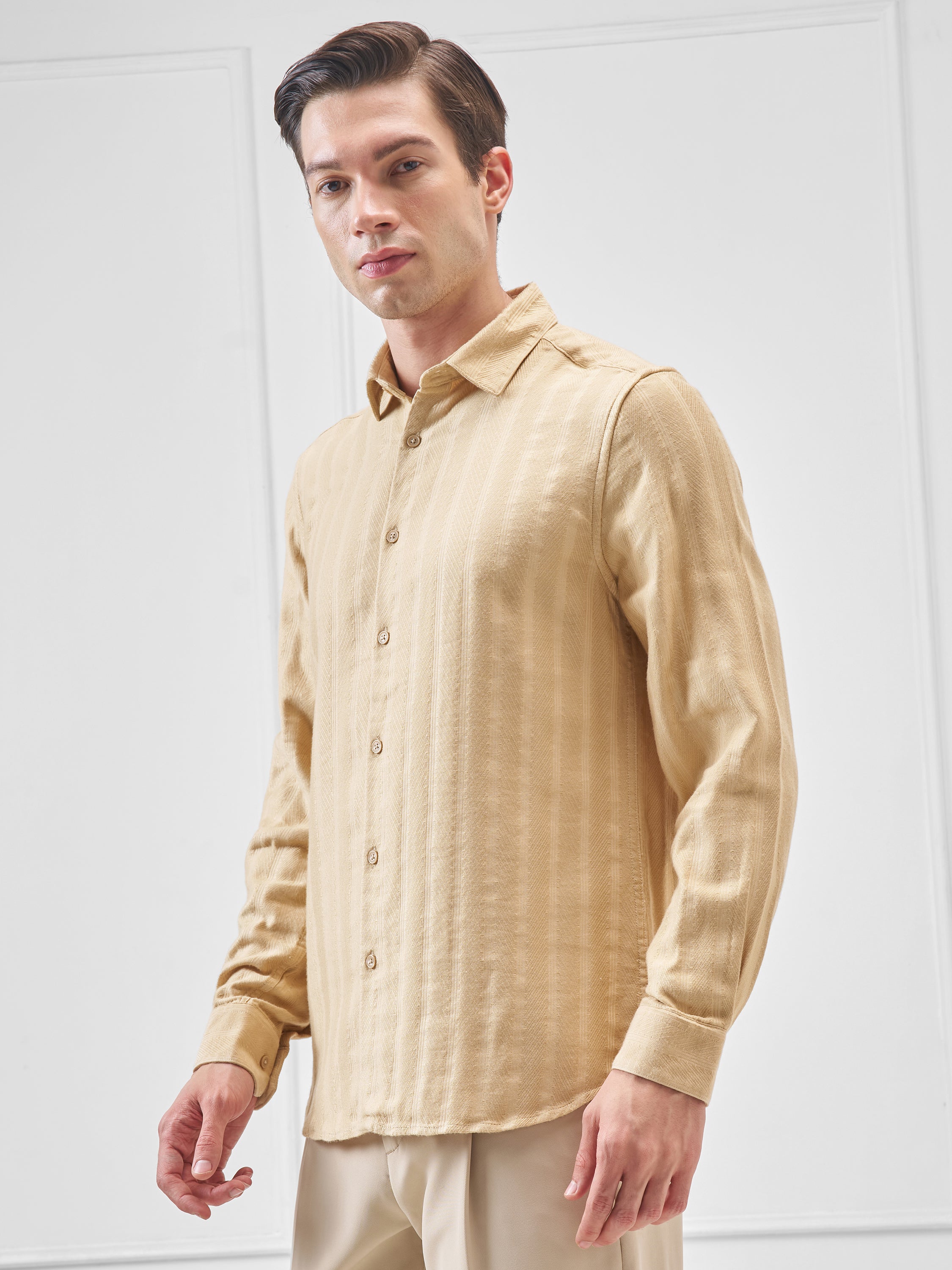 Highlander Men Beige Self Design Slim Fit Casual Shirt - Beige - Image 4
