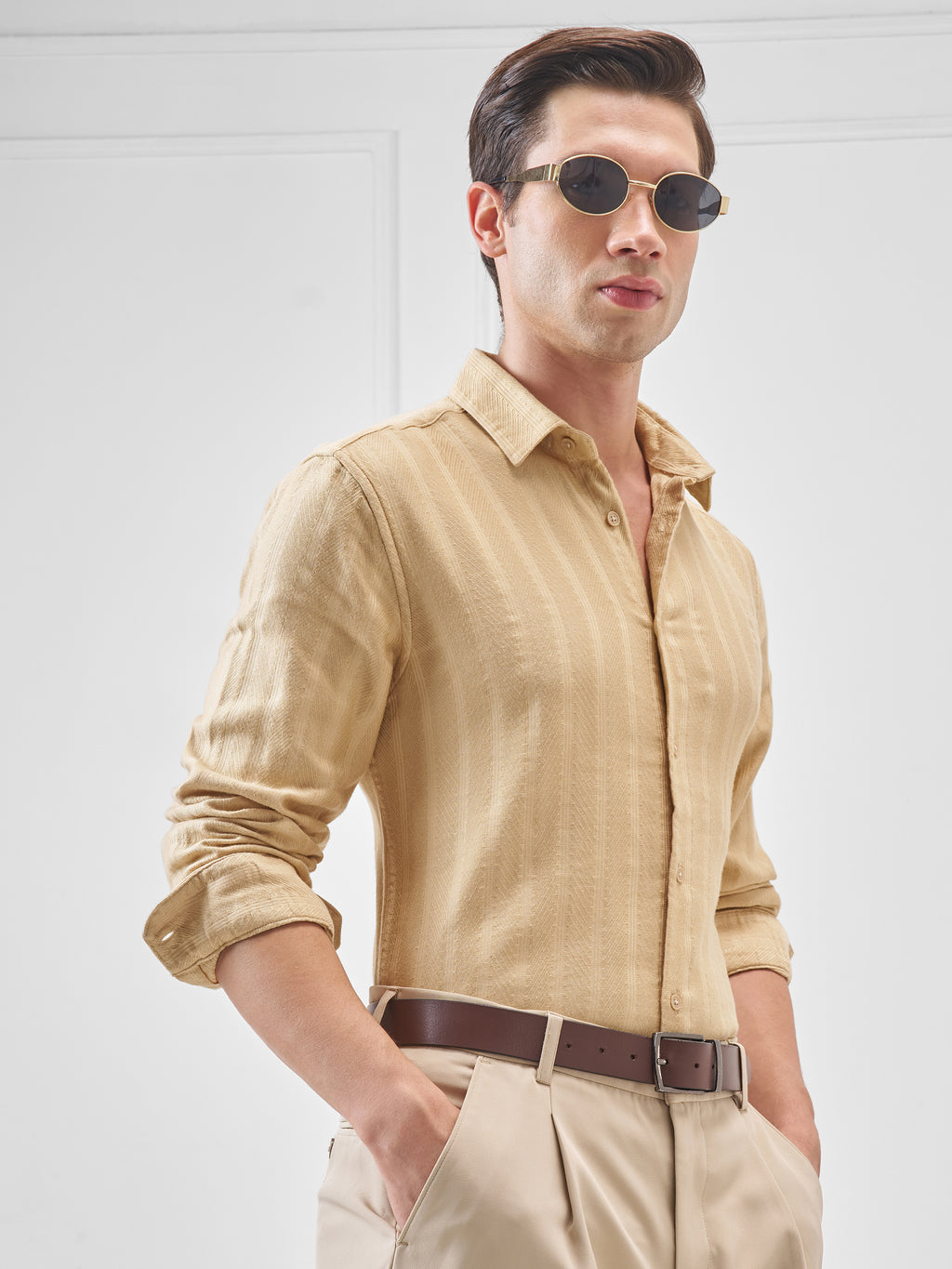 Highlander Men Beige Self Design Slim Fit Casual Shirt - Beige - Image 6