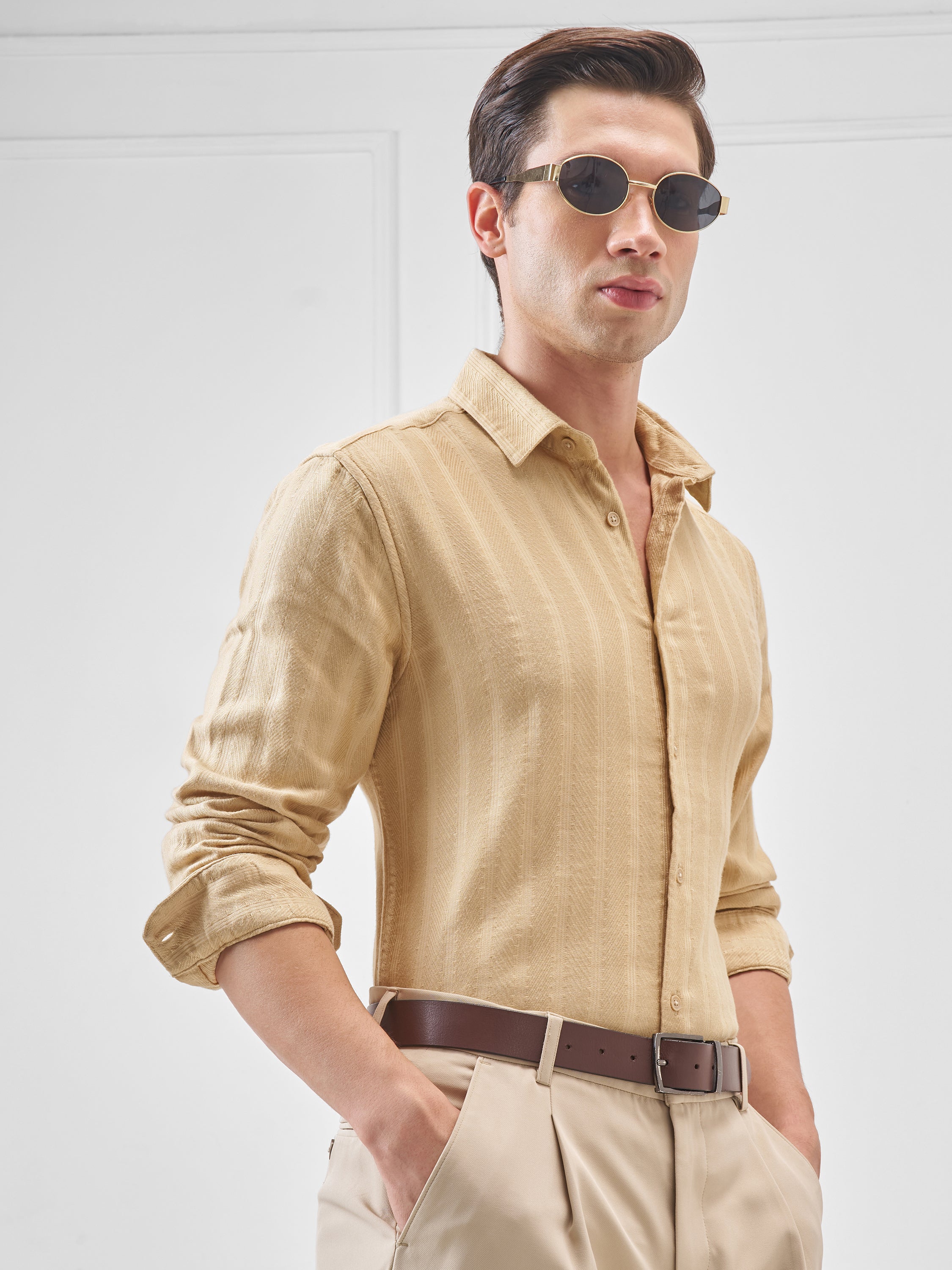 Highlander Men Beige Self Design Slim Fit Casual Shirt - Beige - Image 6