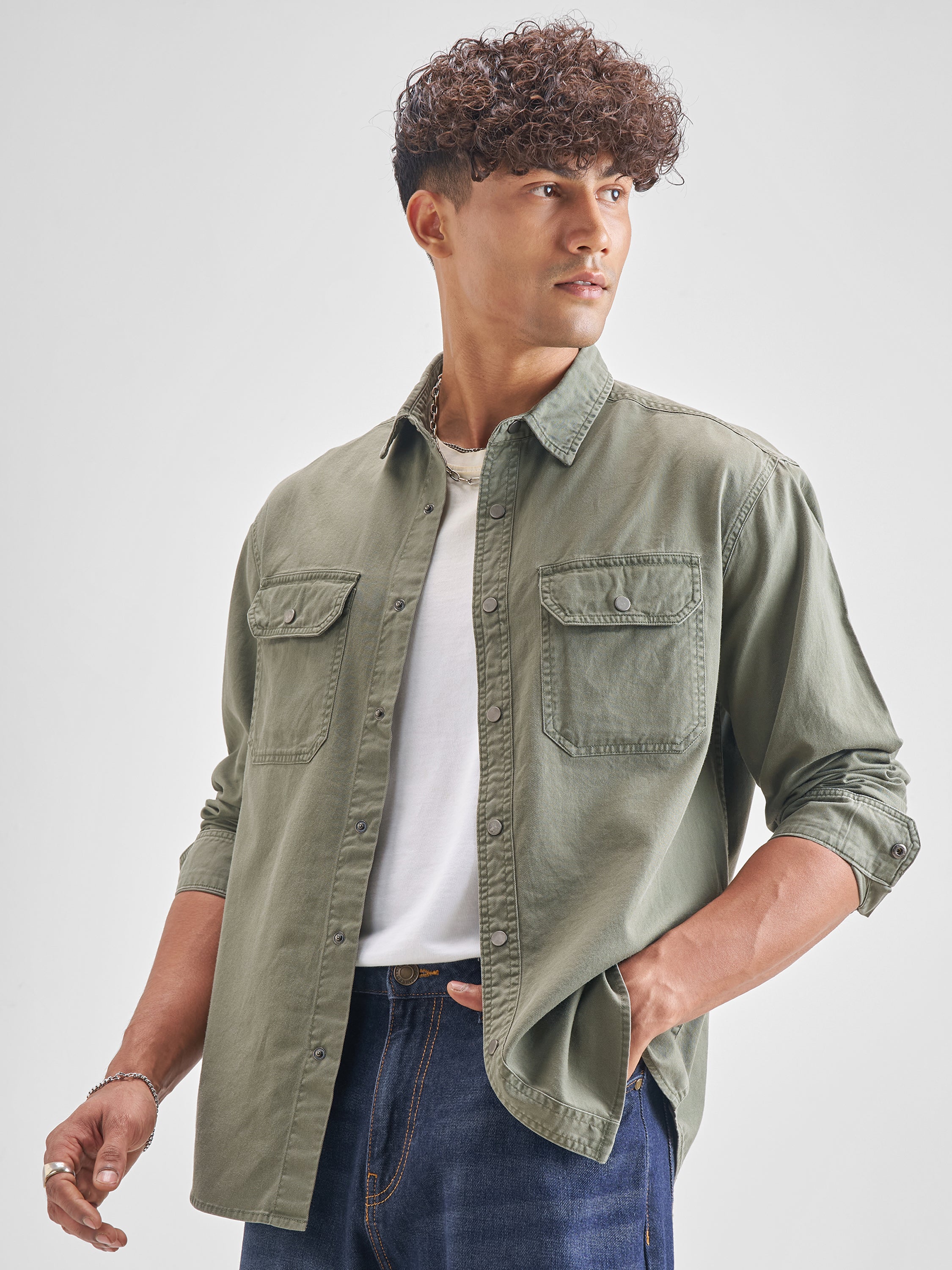 Highlander Men Olive Olive Solid Relaxed Fit Casual Shirt - Olive - Image 4
