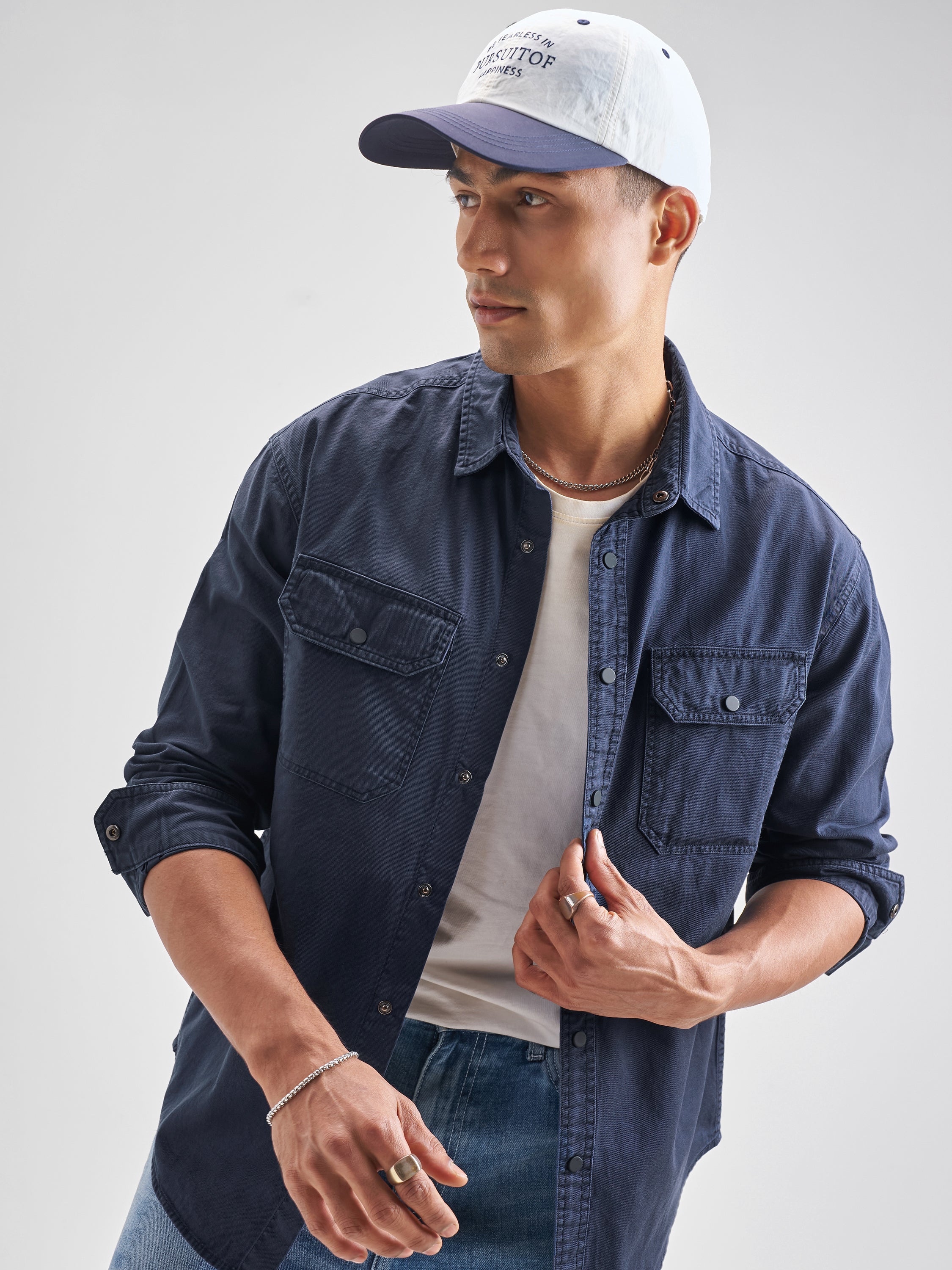Highlander Men Navy Blue Solid Relaxed Fit Casual Shirt - Navy Blue - Image 1