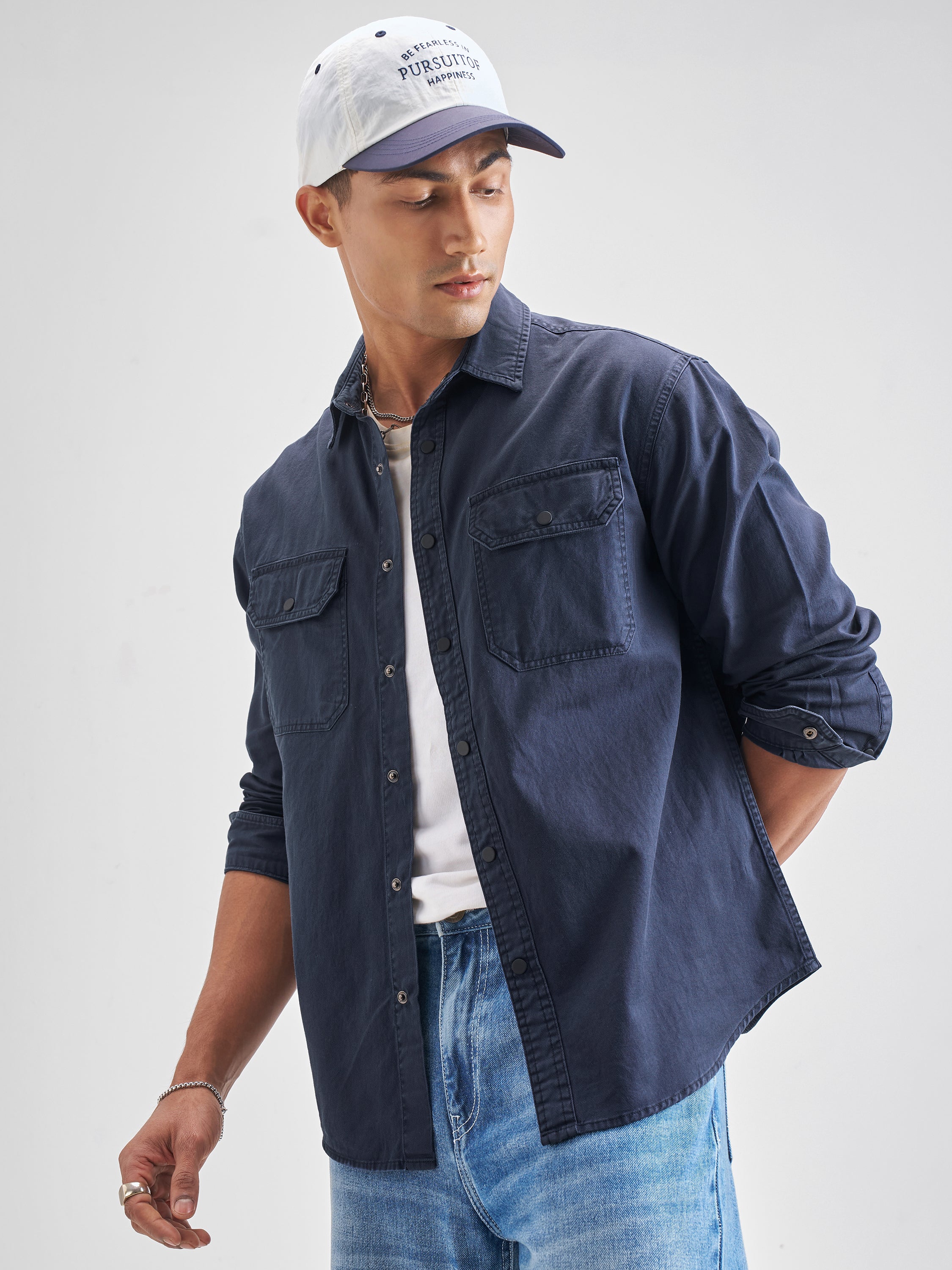 Highlander Men Navy Blue Solid Relaxed Fit Casual Shirt - Navy Blue - Image 4