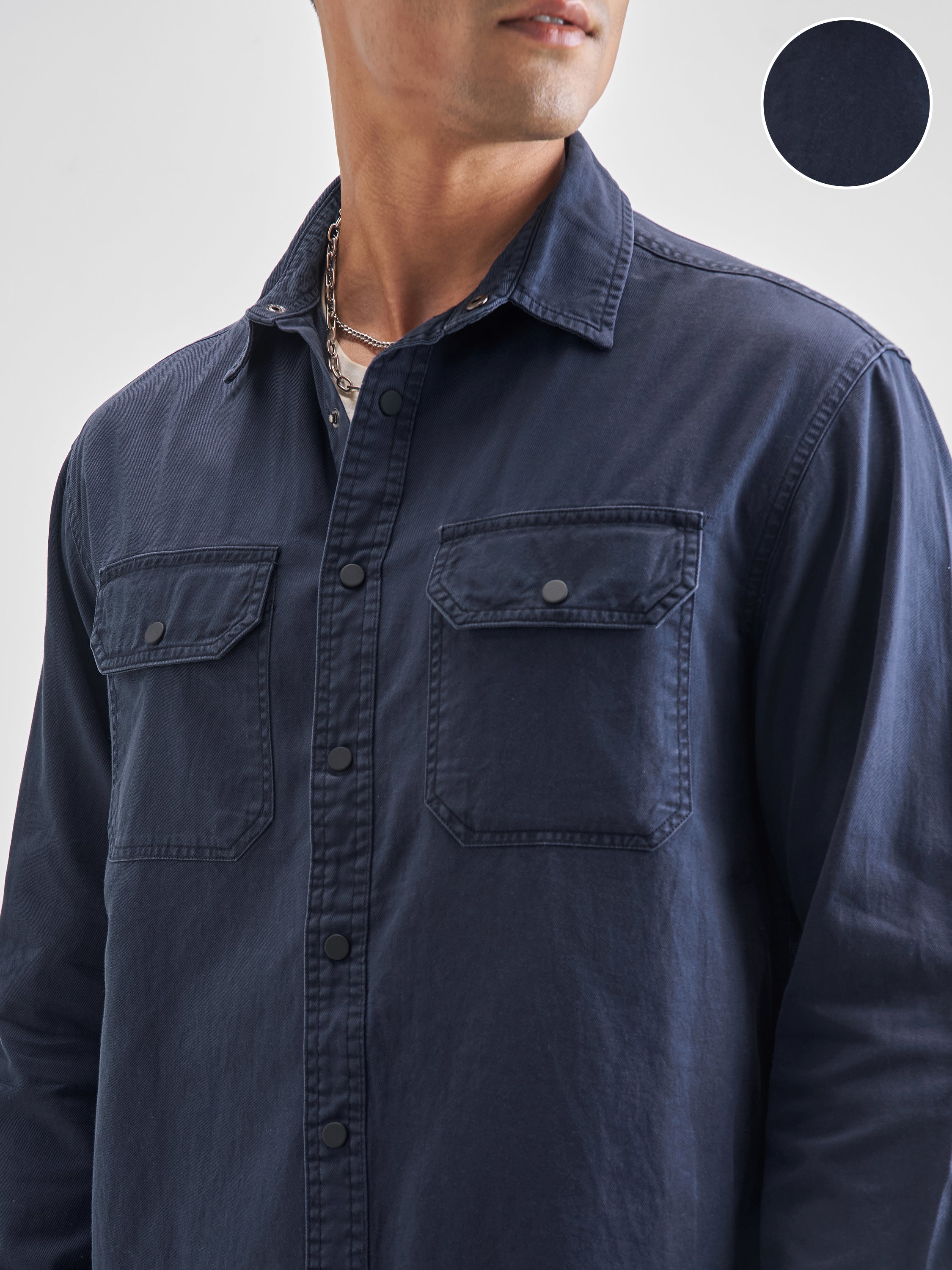 Highlander Men Navy Blue Solid Relaxed Fit Casual Shirt - Navy Blue - Image 5