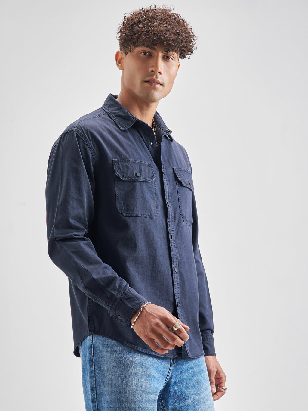 Highlander Men Navy Blue Solid Relaxed Fit Casual Shirt - Navy Blue - Image 6