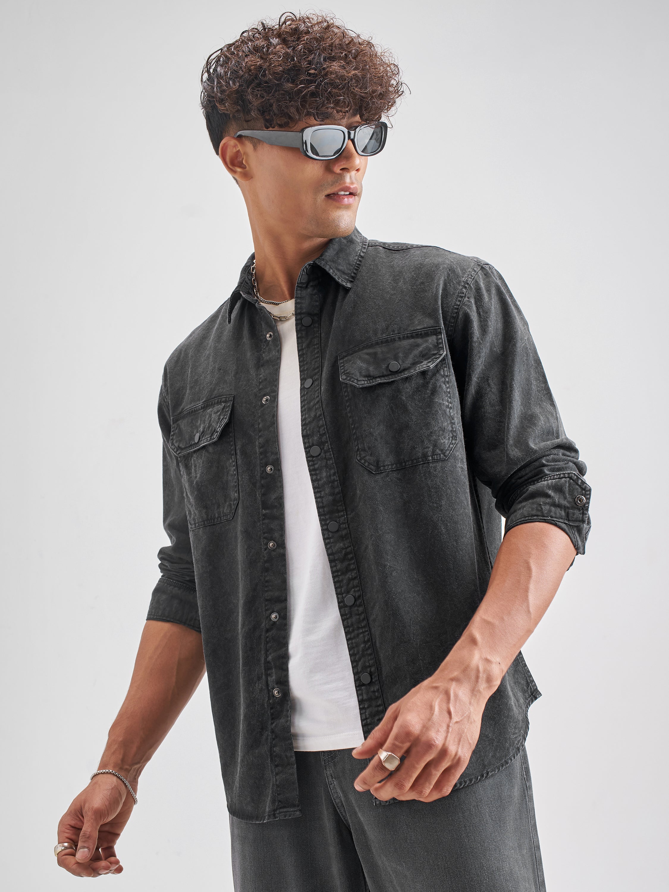 Highlander Men Black Black Solid Relaxed Fit Casual Shirt - Black - Image 4