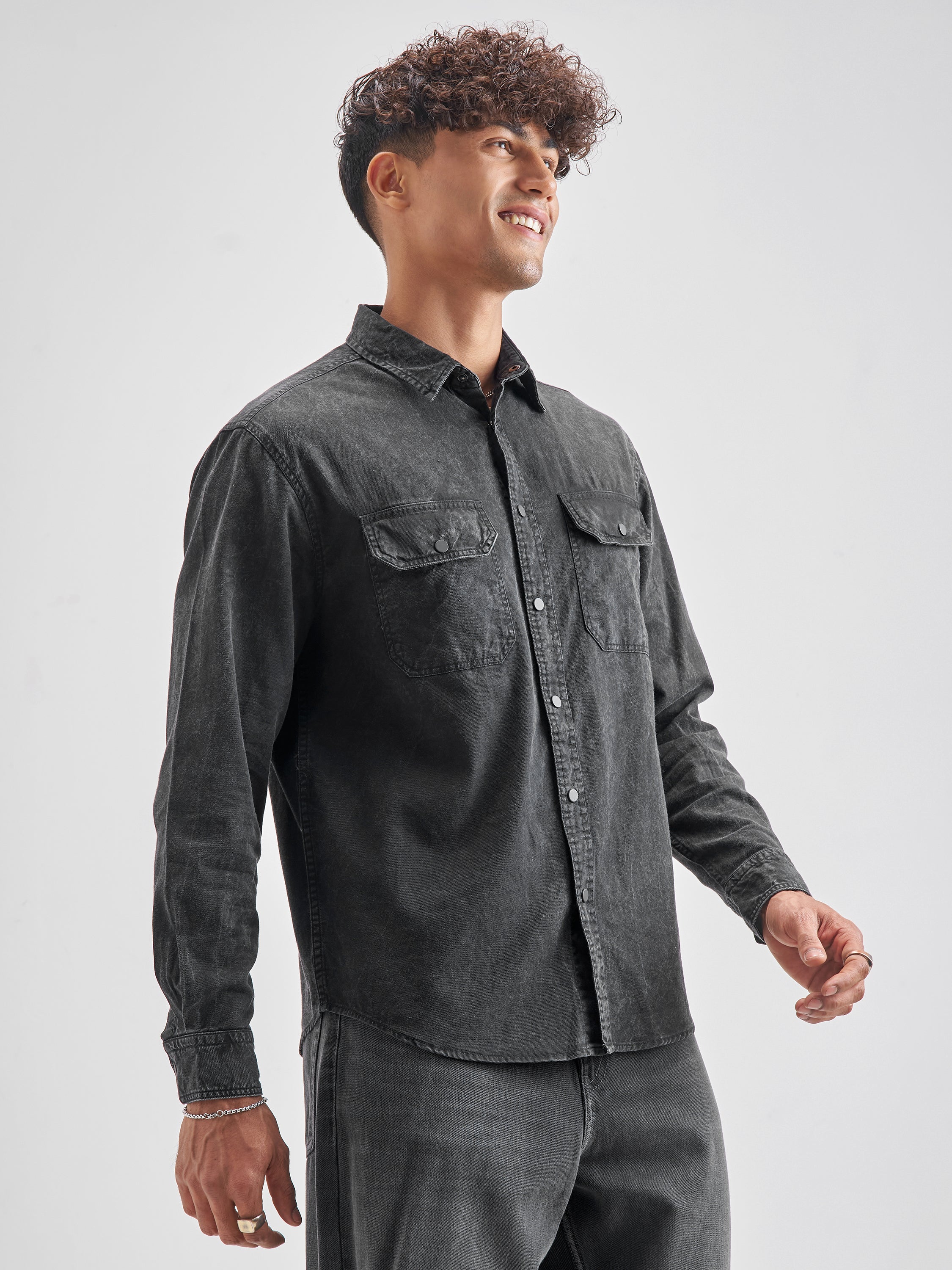 Highlander Men Black Black Solid Relaxed Fit Casual Shirt - Black - Image 6