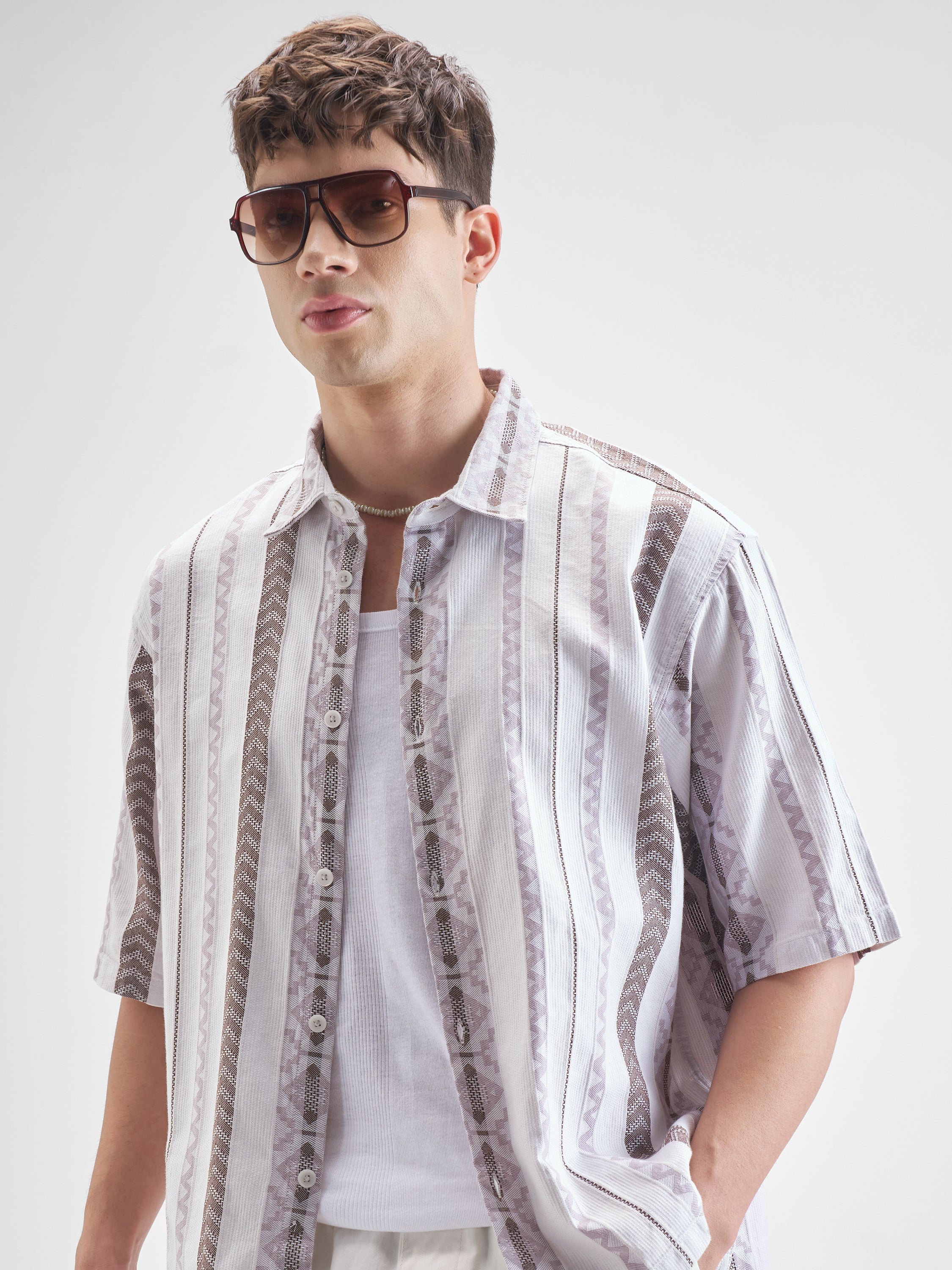 Highlander Men Grey Striped Oversized Fit Casual Shirt - Grey - Image 1