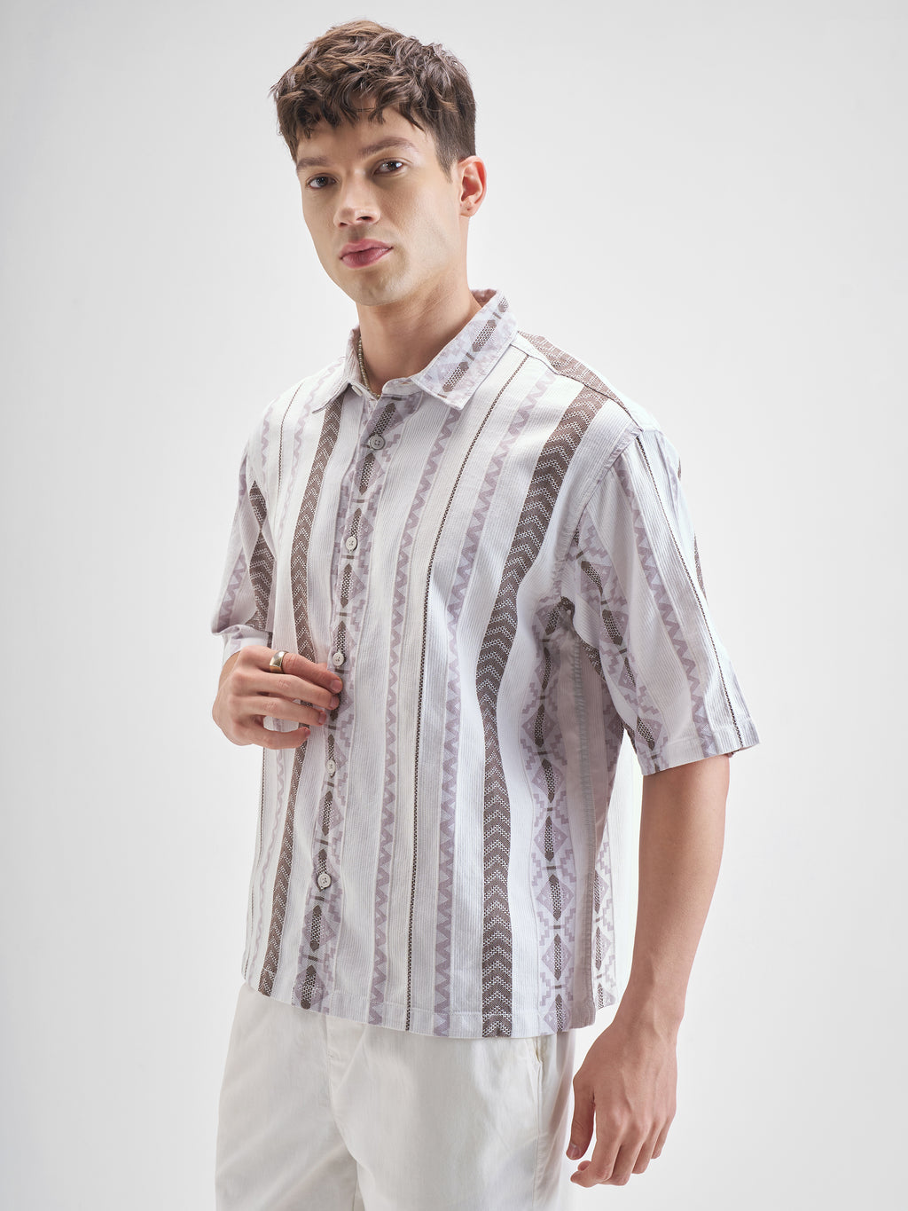 Highlander Men Grey Striped Oversized Fit Casual Shirt - Grey - Image 4