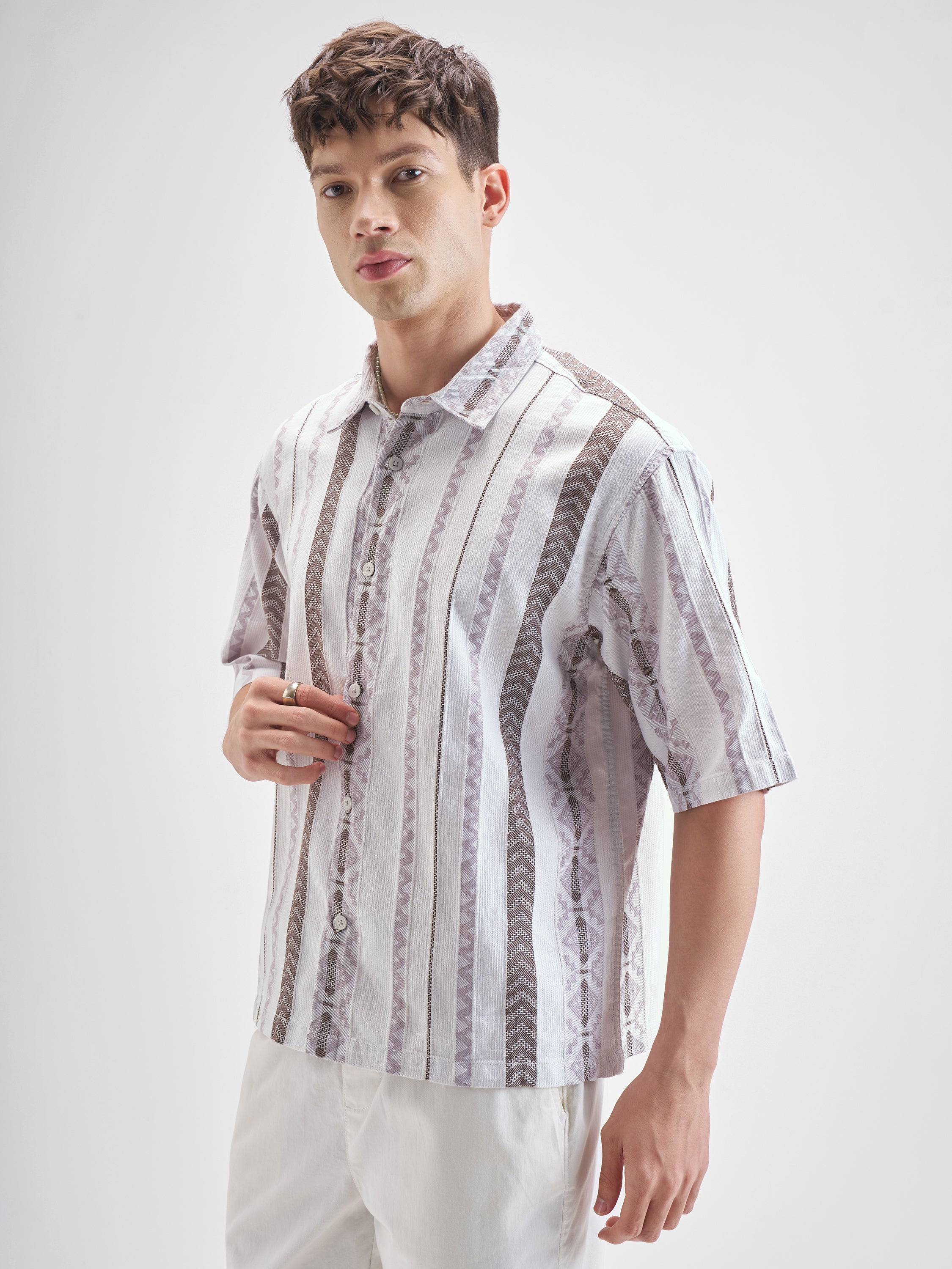 Highlander Men Grey Striped Oversized Fit Casual Shirt - Grey - Image 4