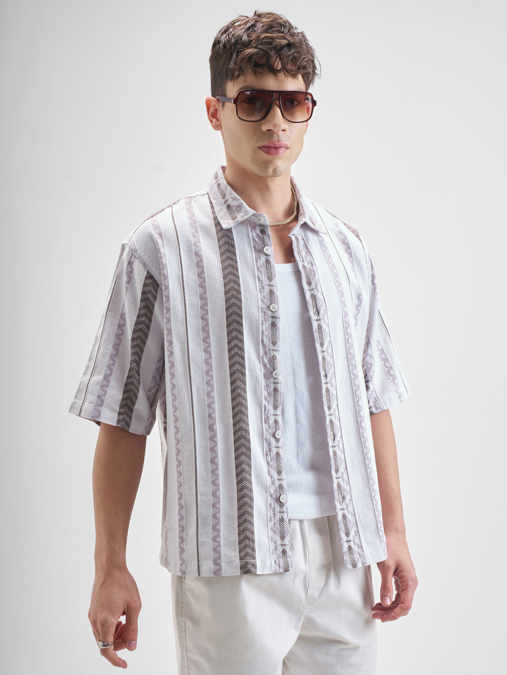 Highlander Men Grey Striped Oversized Fit Casual Shirt - Grey - Image 6