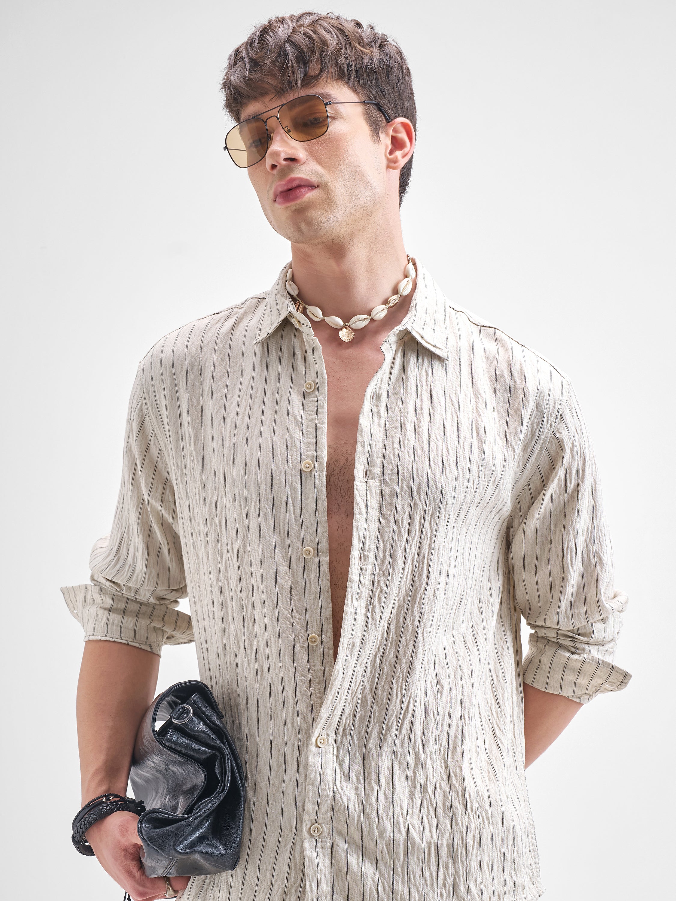 Highlander Men Cream Striped Relaxed Fit Casual Shirt - Cream - Image 1