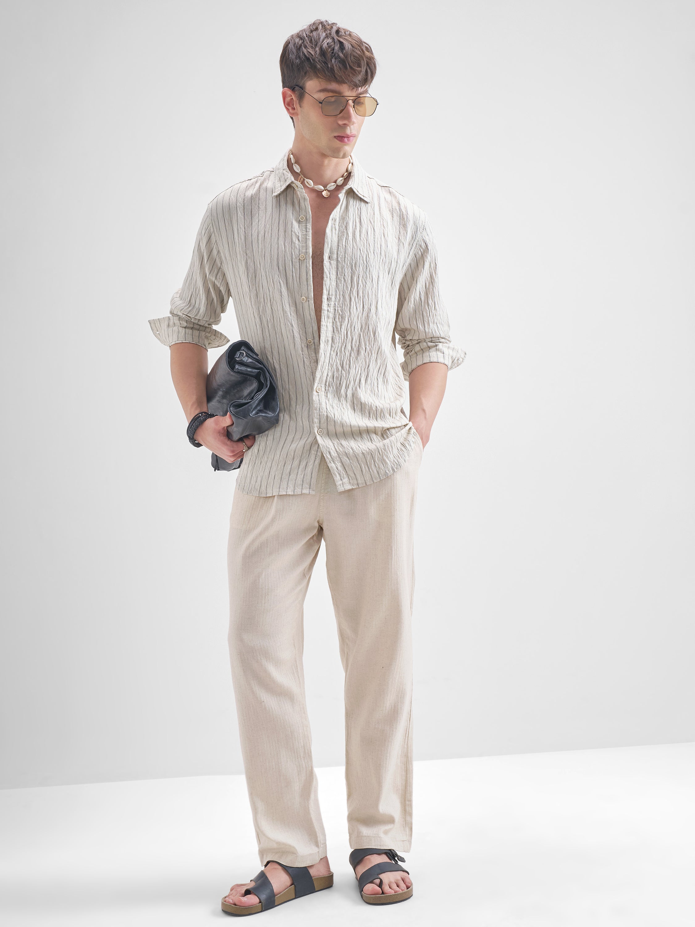 Highlander Men Cream Striped Relaxed Fit Casual Shirt - Cream - Image 2